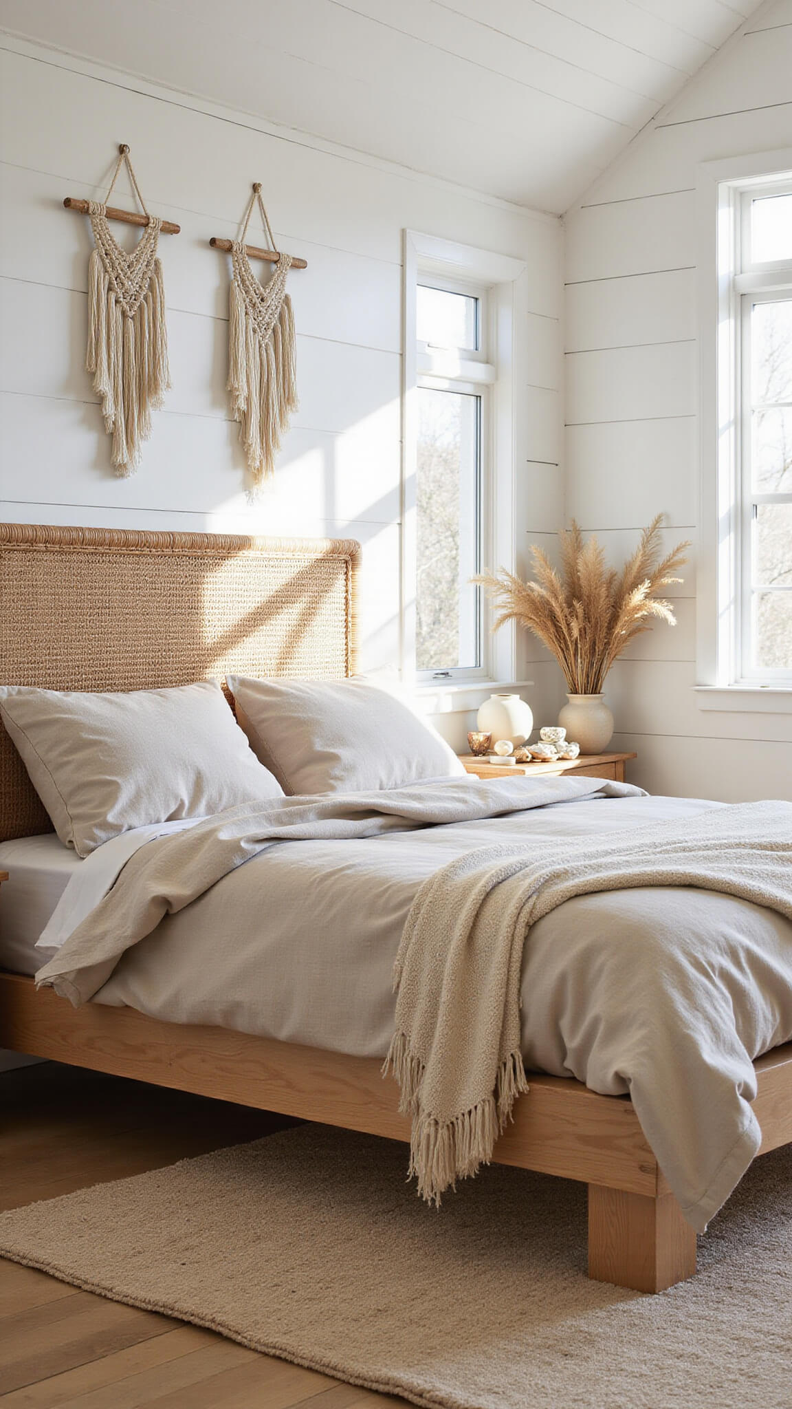 Sunlit bedroom with vaulted ceilings, white shiplap walls, and floor-to-ceiling windows, featuring a bleached oak platform bed with sandy linen bedding, vintage rattan headboard, macramé wall hangings, and layered neutral rugs, styled with seashells, pampas grass, and ceramic vessels.