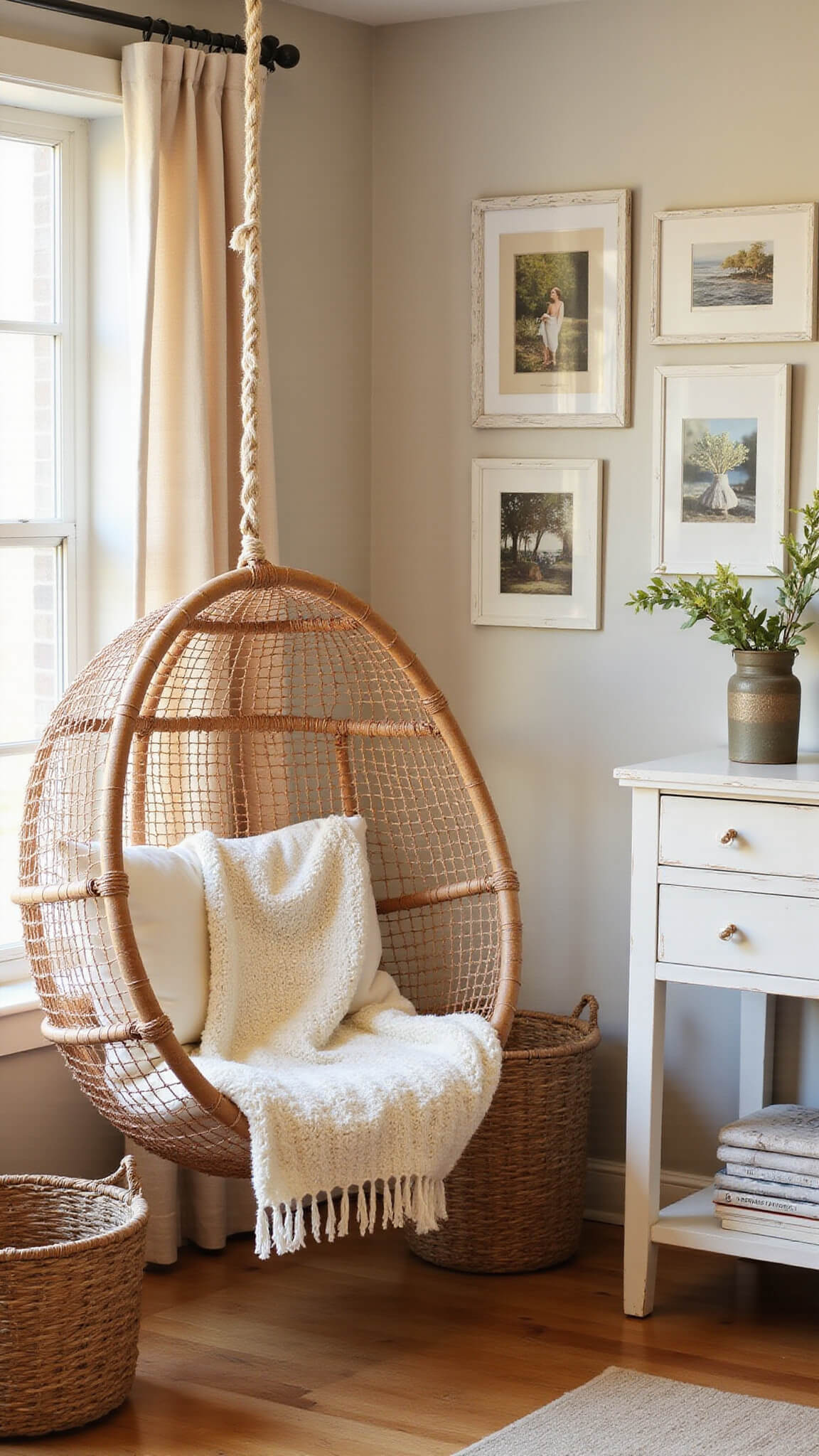 Cozy boho reading nook with hanging rattan egg chair, ivory knit throw, vintage coastal gallery wall, distressed white furniture, and warm golden hour lighting.