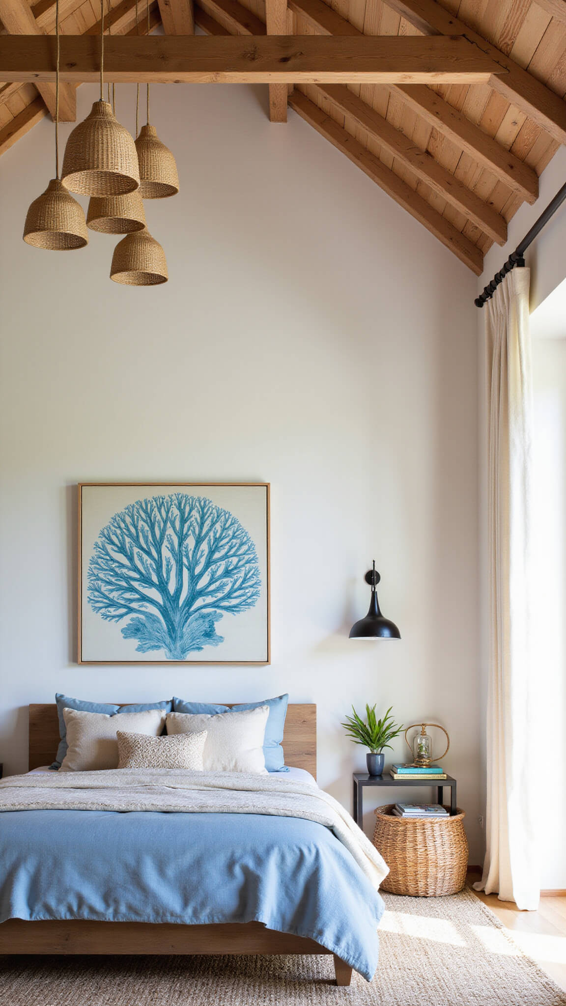 Serene primary bedroom with exposed wooden beams, oceanic blue and sandy neutral bedding, coral artwork above bed, woven pendant lights, and soft afternoon light through linen curtains.