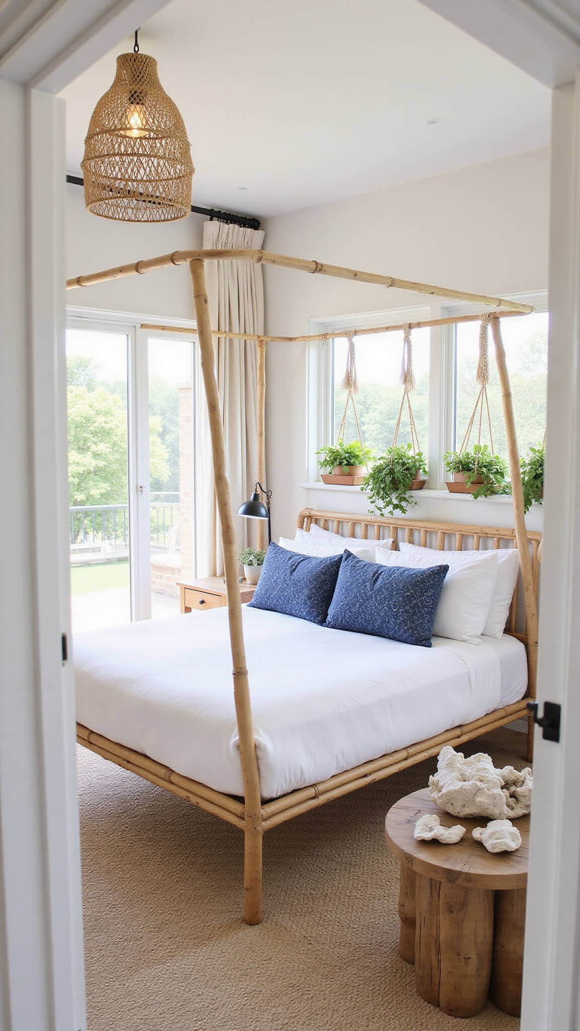 Coastal-themed 10x12ft guest bedroom with bamboo canopy bed, white linens, indigo pillows, hanging plants, rattan pendant lights, and natural décor elements like shells and driftwood.