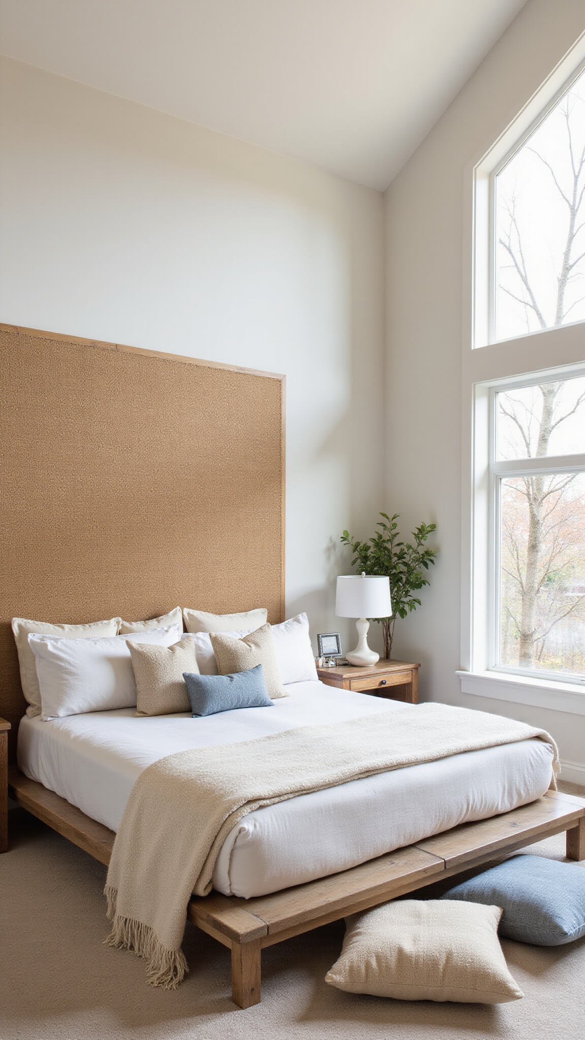 Airy main bedroom with cathedral windows, dawn light glowing on a platform bed with an oversized woven headboard, layered neutral textiles, clustered floor cushions, and natural materials like jute and weathered wood.