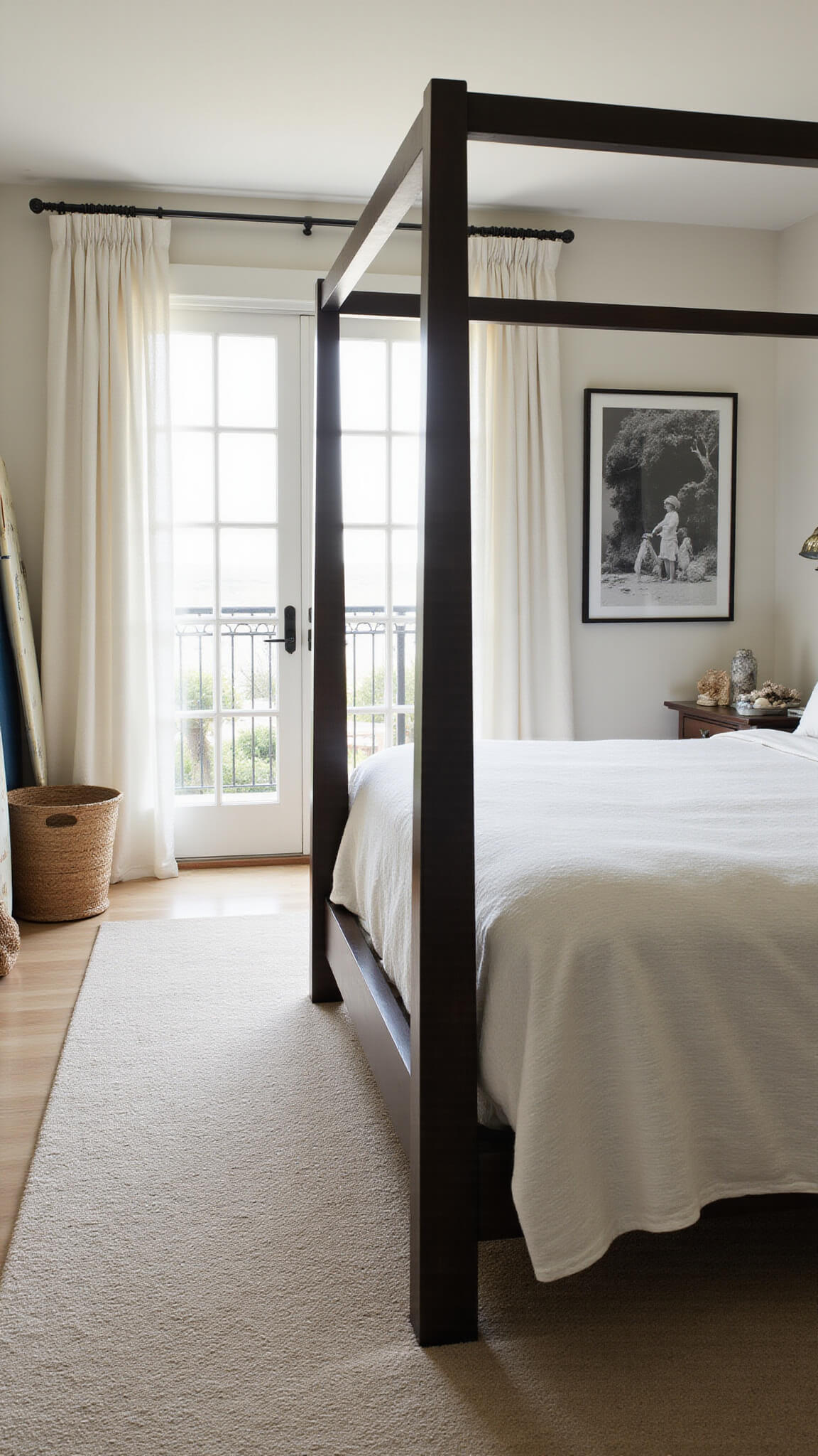 Modern beach-style bedroom with four-poster bed, French doors, vintage surfboards, and coastal decor in afternoon light.