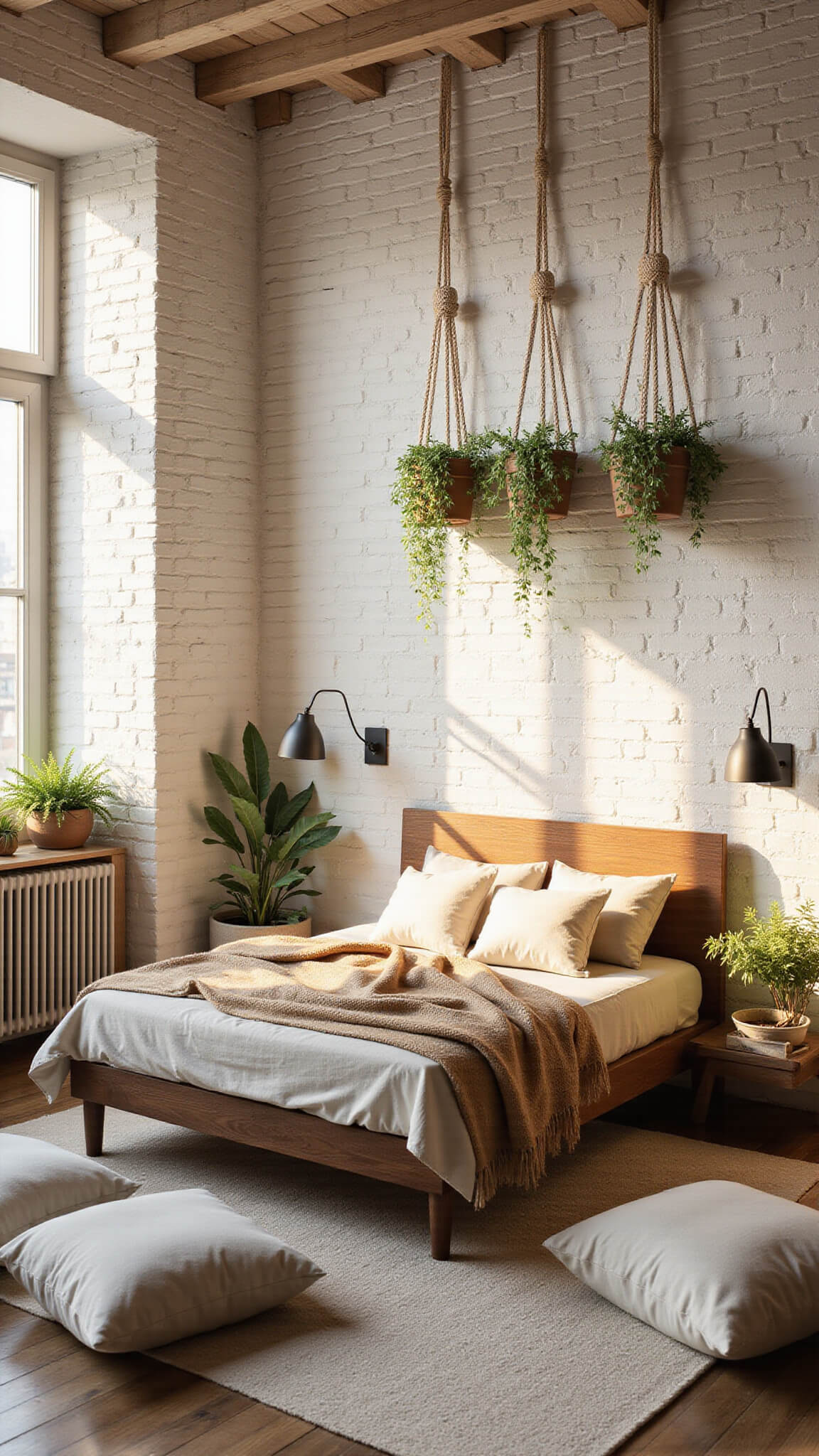 Cozy 11x13ft bedroom with whitewashed brick walls, floating bed in neutral tones, cascading hanging plants, and floor pillows bathed in golden hour light.