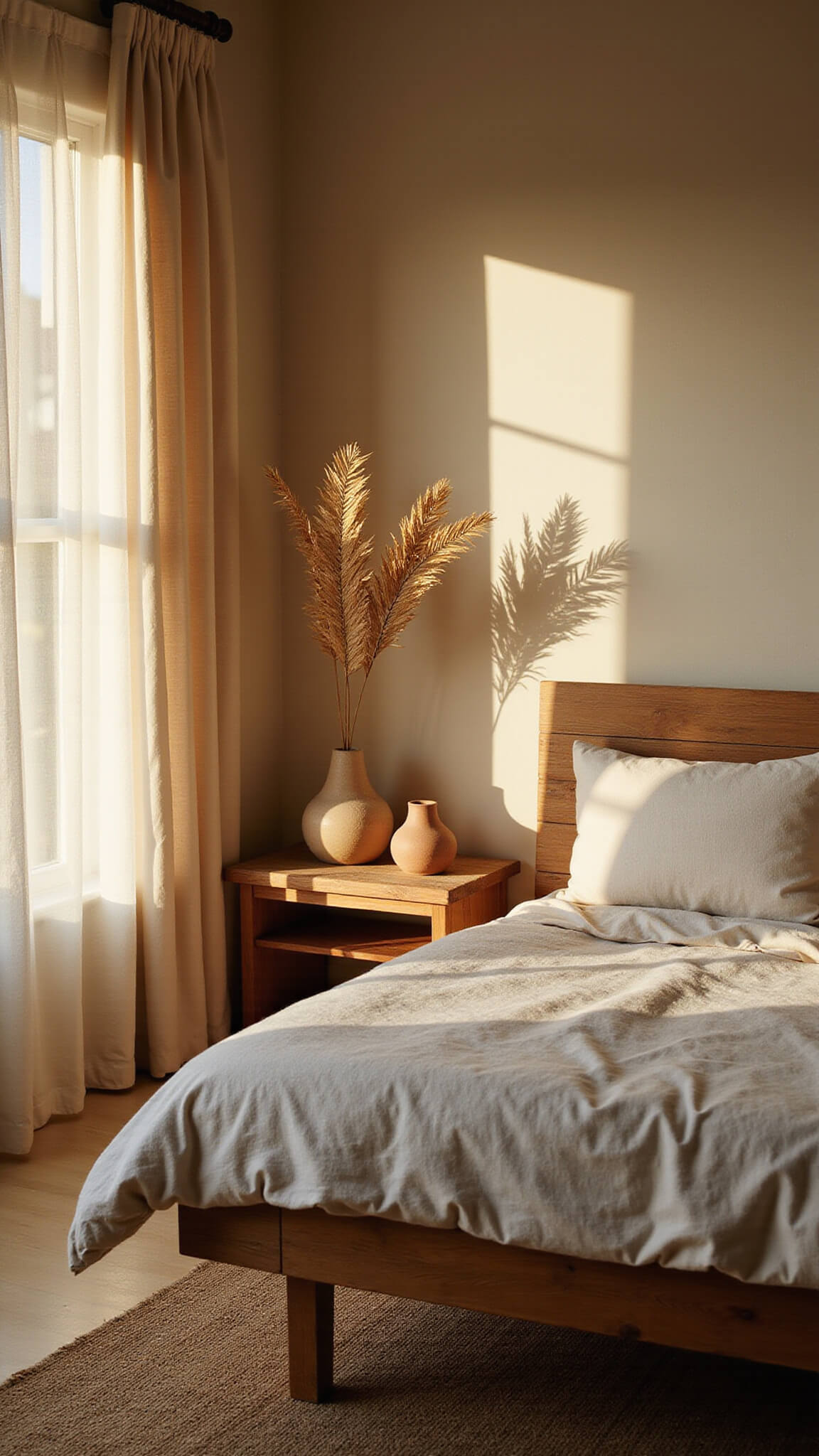 Sunlit bedroom with weathered oak bed, oatmeal linen, layered rugs, ceramic vessels, and dappled light through sheer curtains at golden hour.