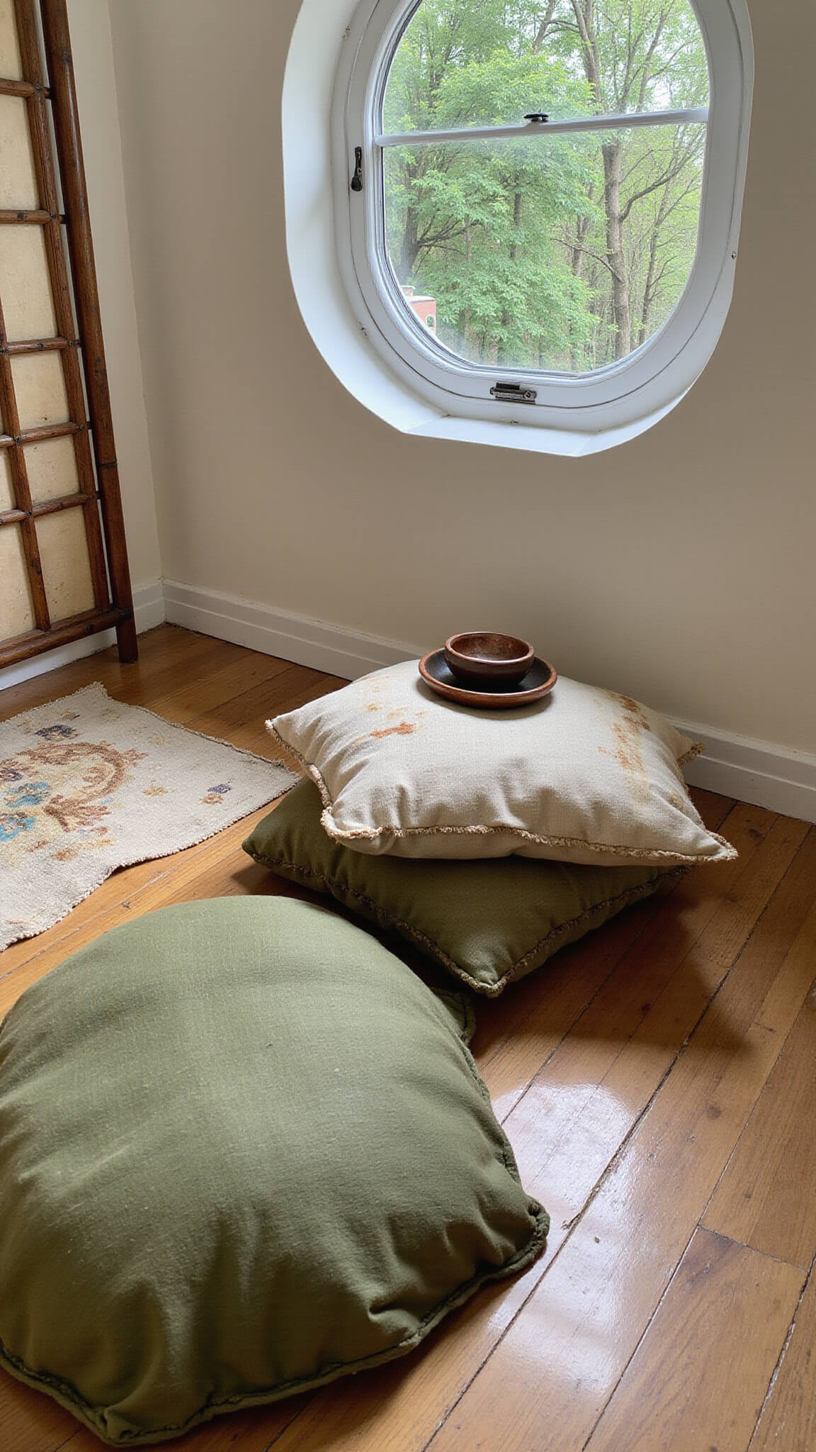 Cozy 10x12ft meditation corner with vintage cushions, round window showing forest view, handmade ceramic incense holder, bamboo light screen, and aged textile art in moss green, tea-stained ivory, and russet tones.