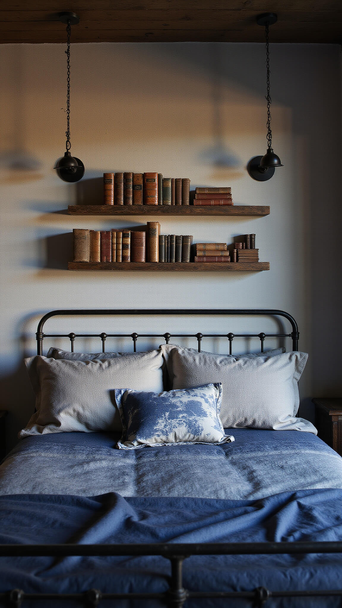 Atmospheric 16x14ft bedroom at dusk with iron-framed bed in stonewashed hemp linens, distressed plaster walls, floating reclaimed wood shelves with aged books, vintage indigo textiles, and hand-forged iron sconces casting dramatic shadows in steel blue and charcoal palette.