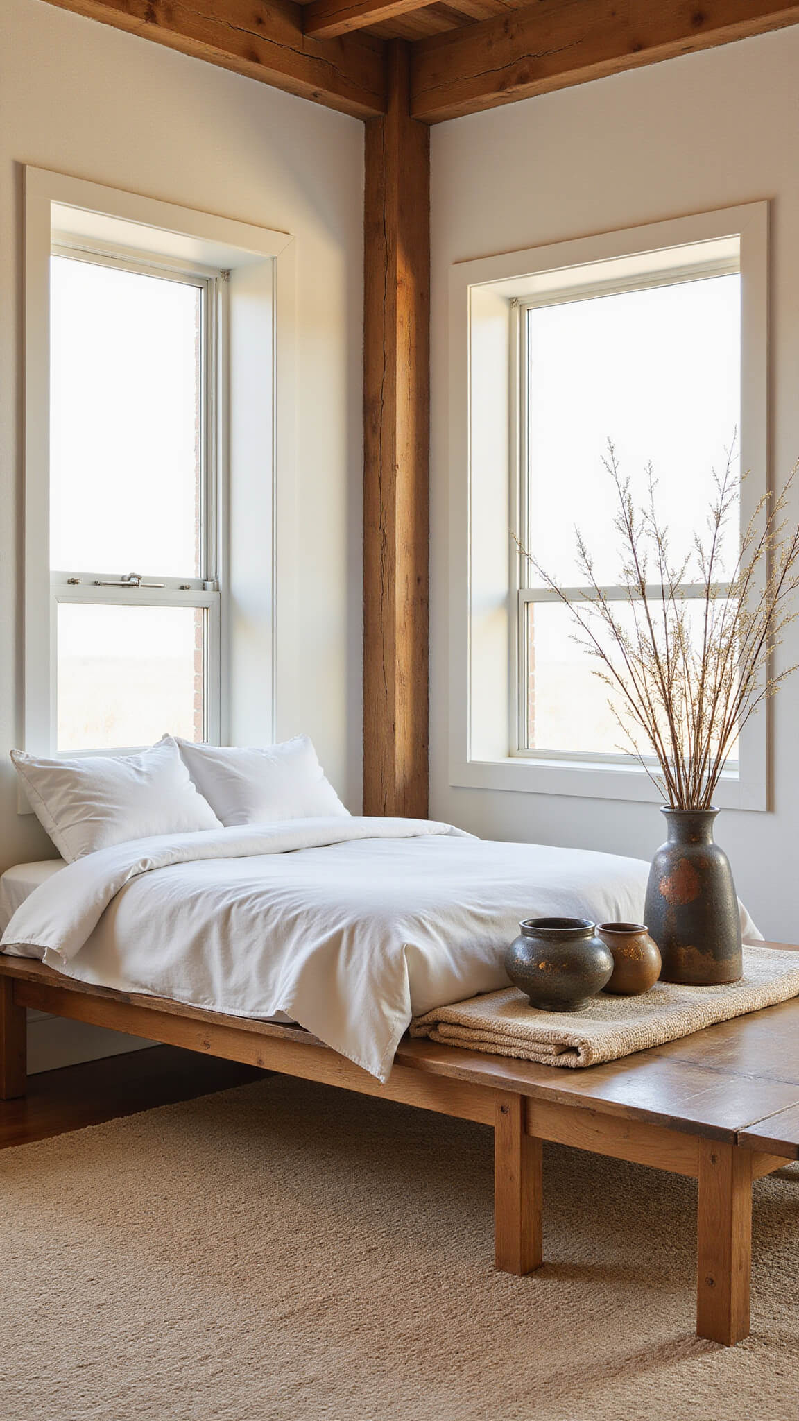 Minimal 12x15ft bedroom with platform bed of reclaimed barn beams, handwoven wool rug, kintsugi ceramic vessels, and dried botanicals in copper vase, bathed in soft midday light through double-height silk-draped windows.
