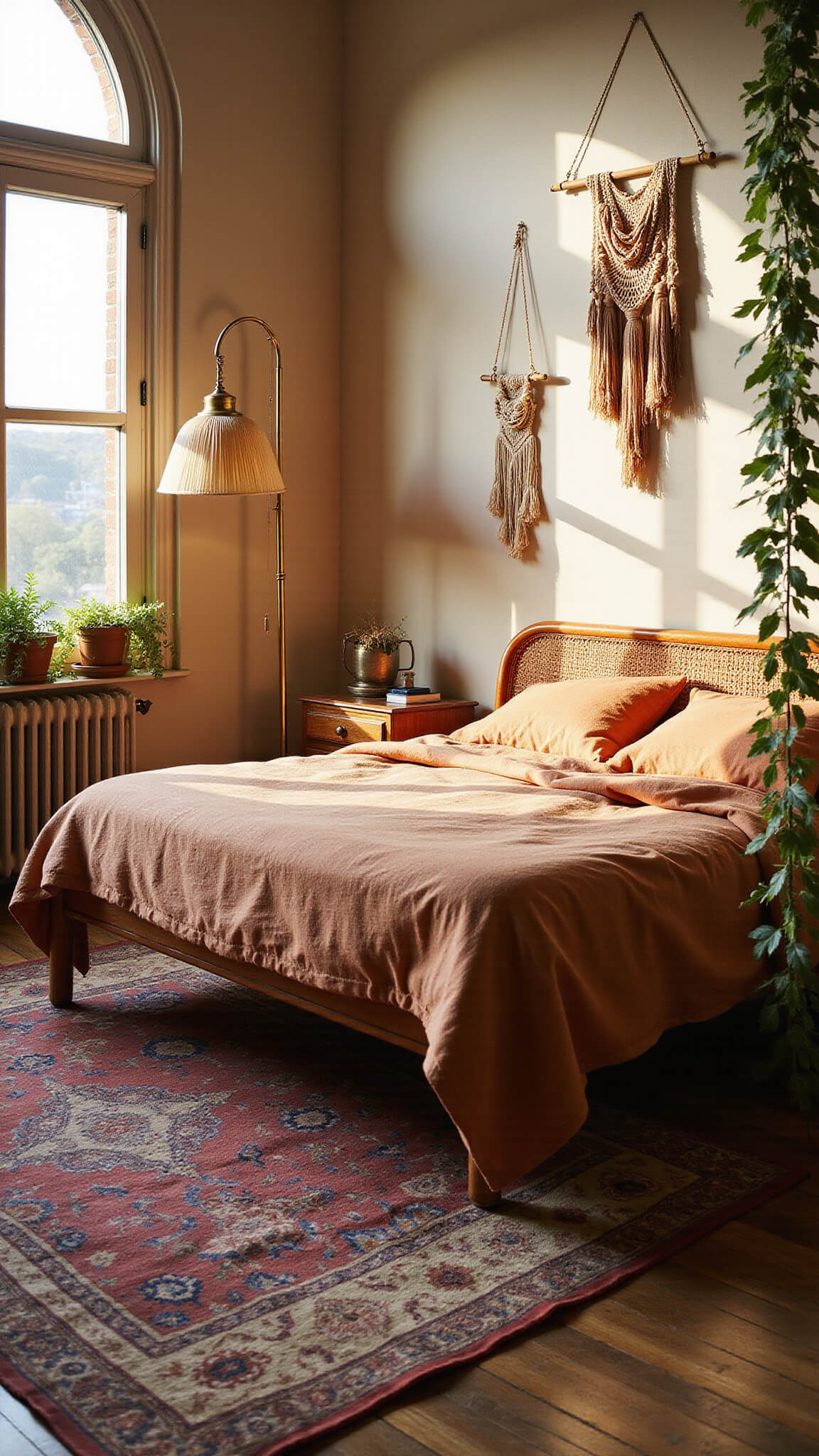 Sunlit vintage bedroom with rattan bed, terracotta linens, arched windows, layered rugs, macramé art, and lush indoor plants.