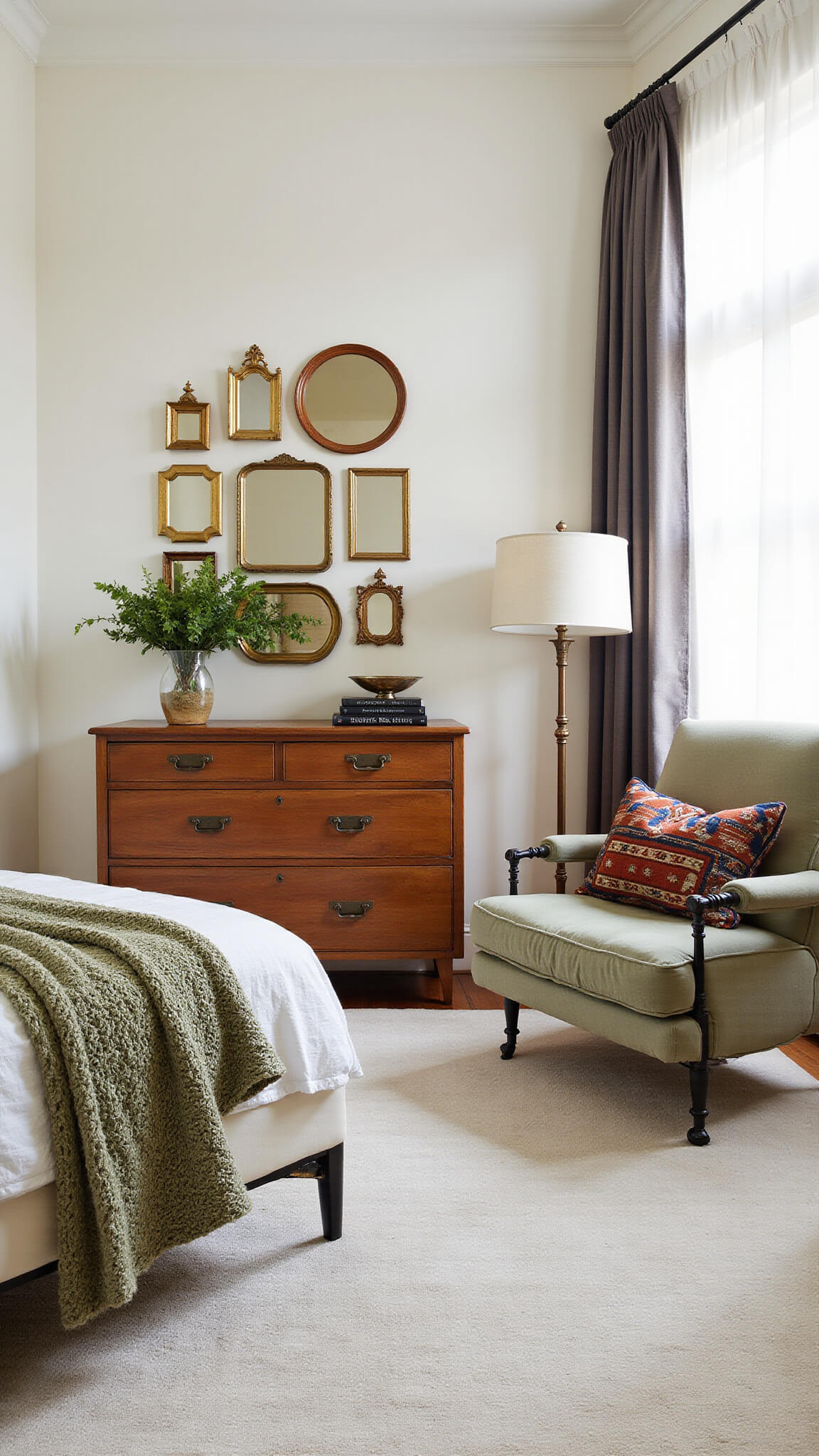 Mid-century modern boho bedroom with vintage brass mirrors, oak dresser, velvet armchair with sage knit throw, and kilim pillows on wrought iron bed in morning light.