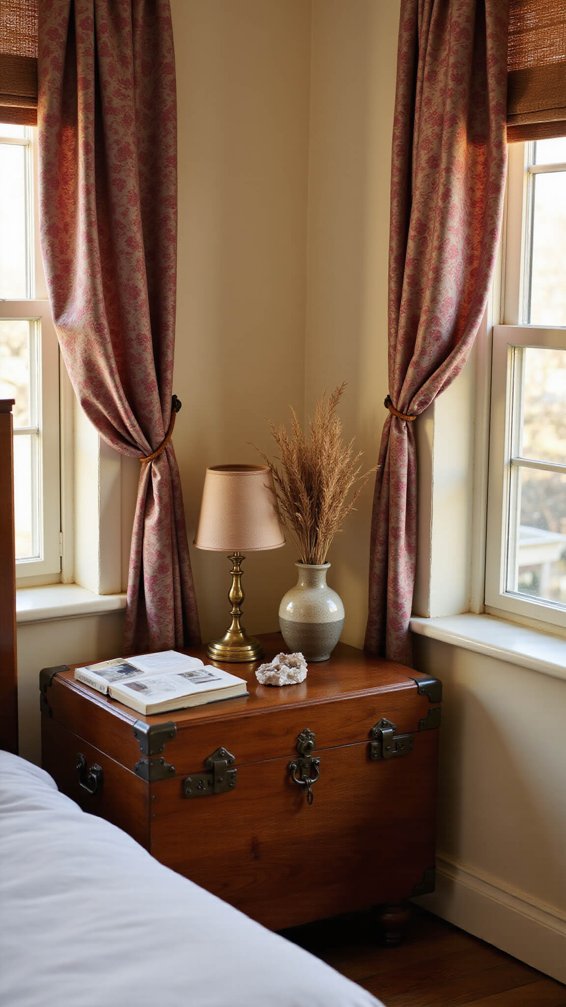 Teak bedside trunk with brass lamp, crystals, and pampas grass in ceramic vase, warm lighting highlighting wood tones and silk scarf window curtains.