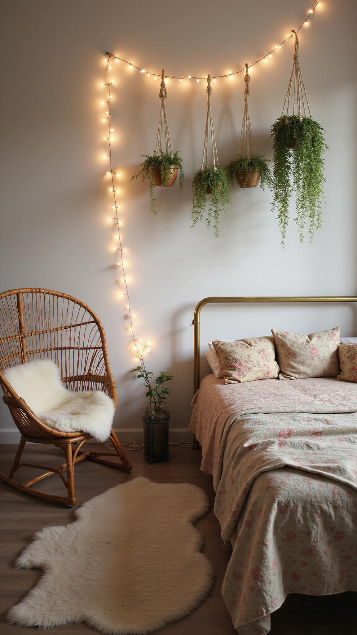 Cozy pre-dawn bedroom with twinkling string lights, vintage quilts on an antique brass bed, macramé hangers casting shadows, and a rattan peacock chair draped in sheepskin.