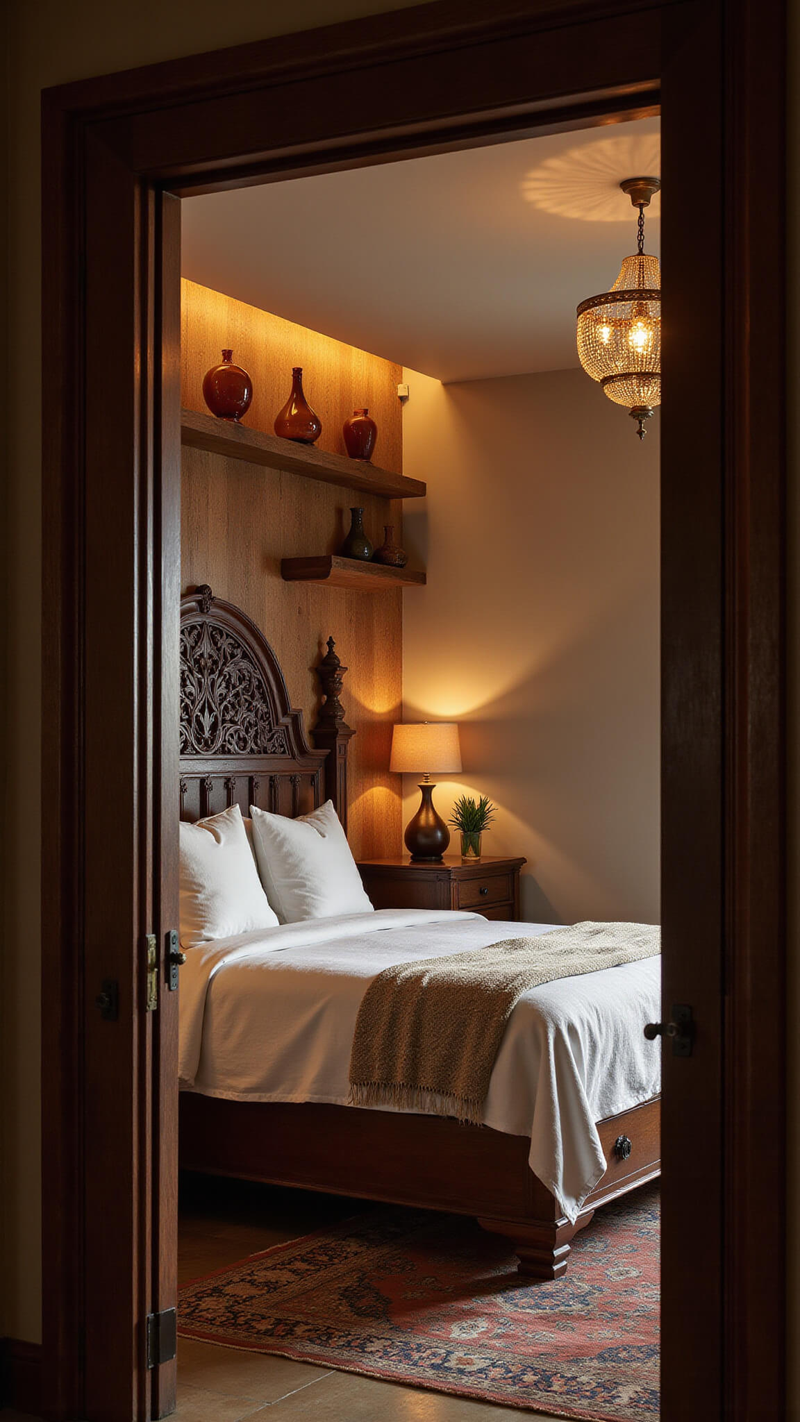 Dramatic dusk view of warm-lit master bedroom with amber glass decor, carved wood headboard, white linens, and brass pendant lighting.