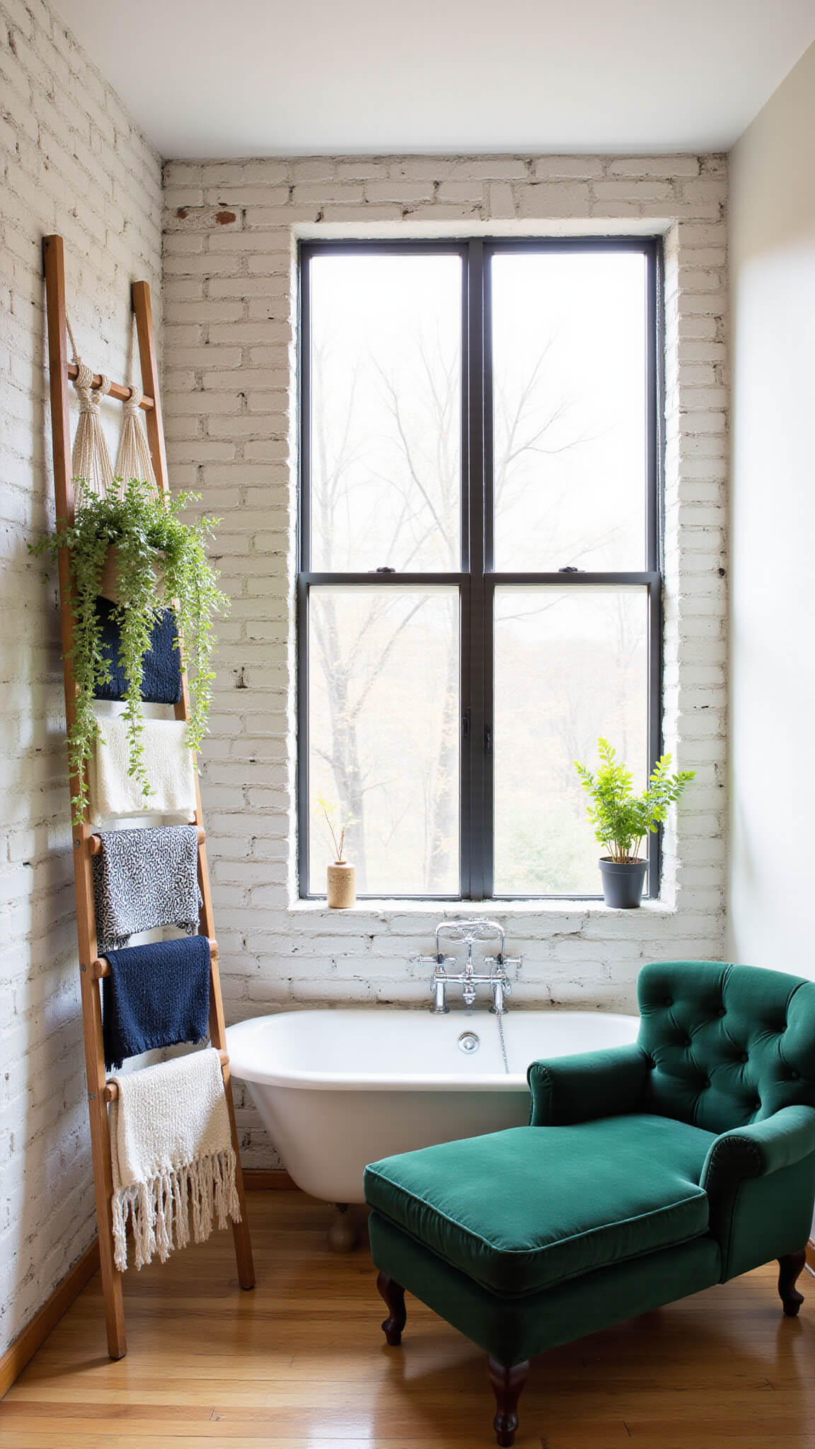 Sunlit corner with vintage ladder holding handwoven textiles, emerald velvet chaise, clawfoot tub reading nook, cascading plants, and whitewashed brick walls.