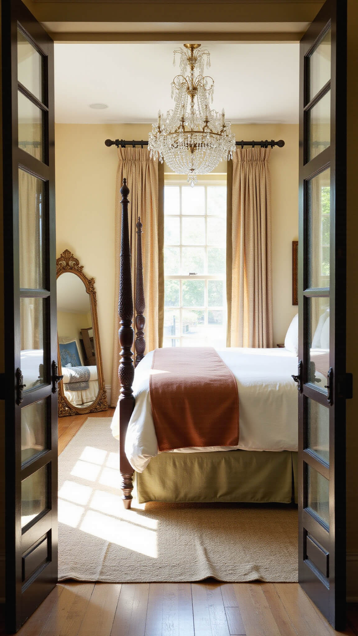Ethereal master bedroom suite at sunrise with vintage chandelier casting rainbows, layered four-poster bed, and large floor mirror enhancing light and space.