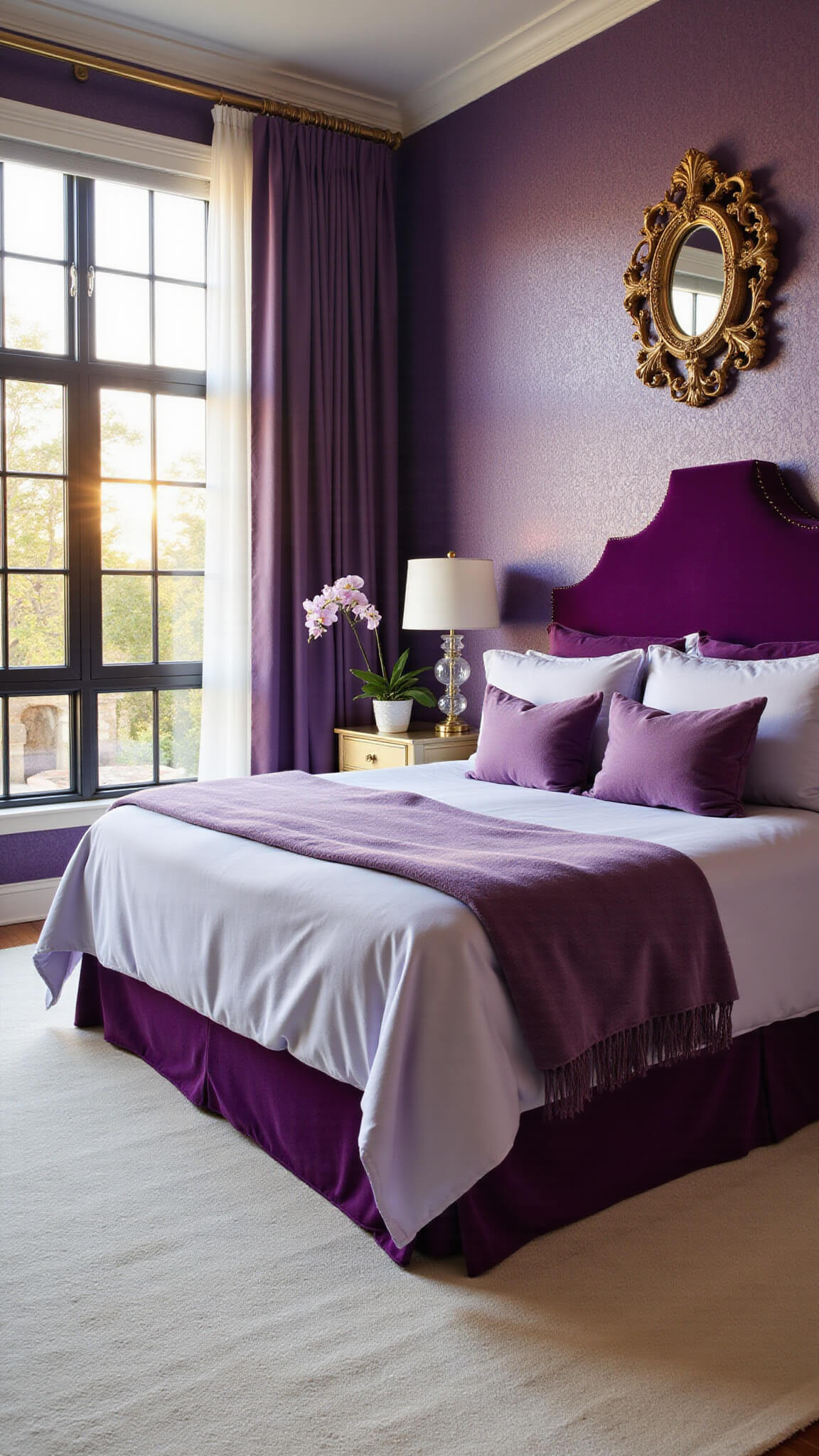 Luxurious purple master bedroom with velvet headboard, floor-to-ceiling windows, gold accents, and morning light highlighting elegant decor.