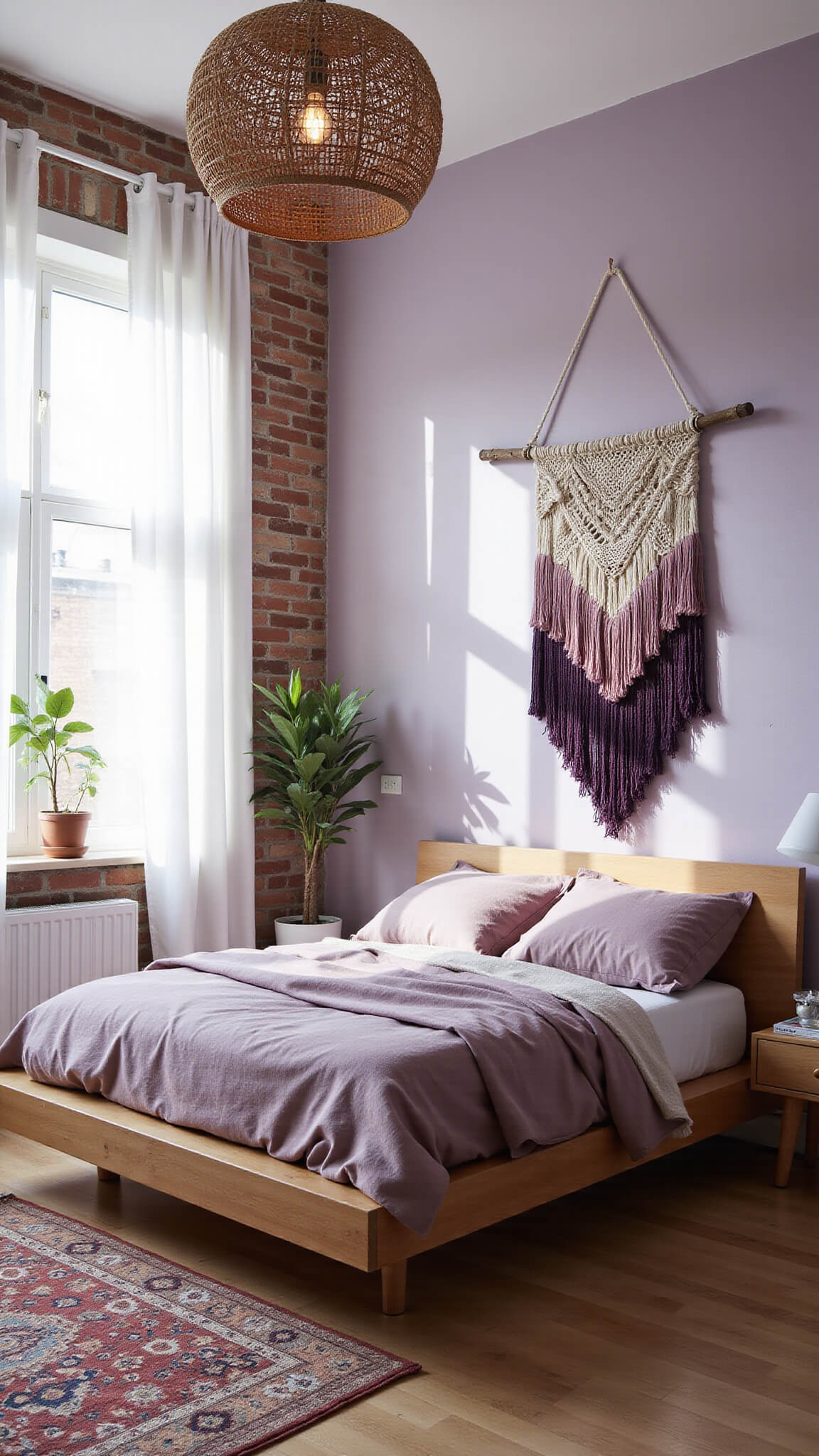 Modern bohemian bedroom with mauve bedding, lavender brick wall, macramé décor, rattan pendant light, and vintage Moroccan rug, styled with plants and natural materials.