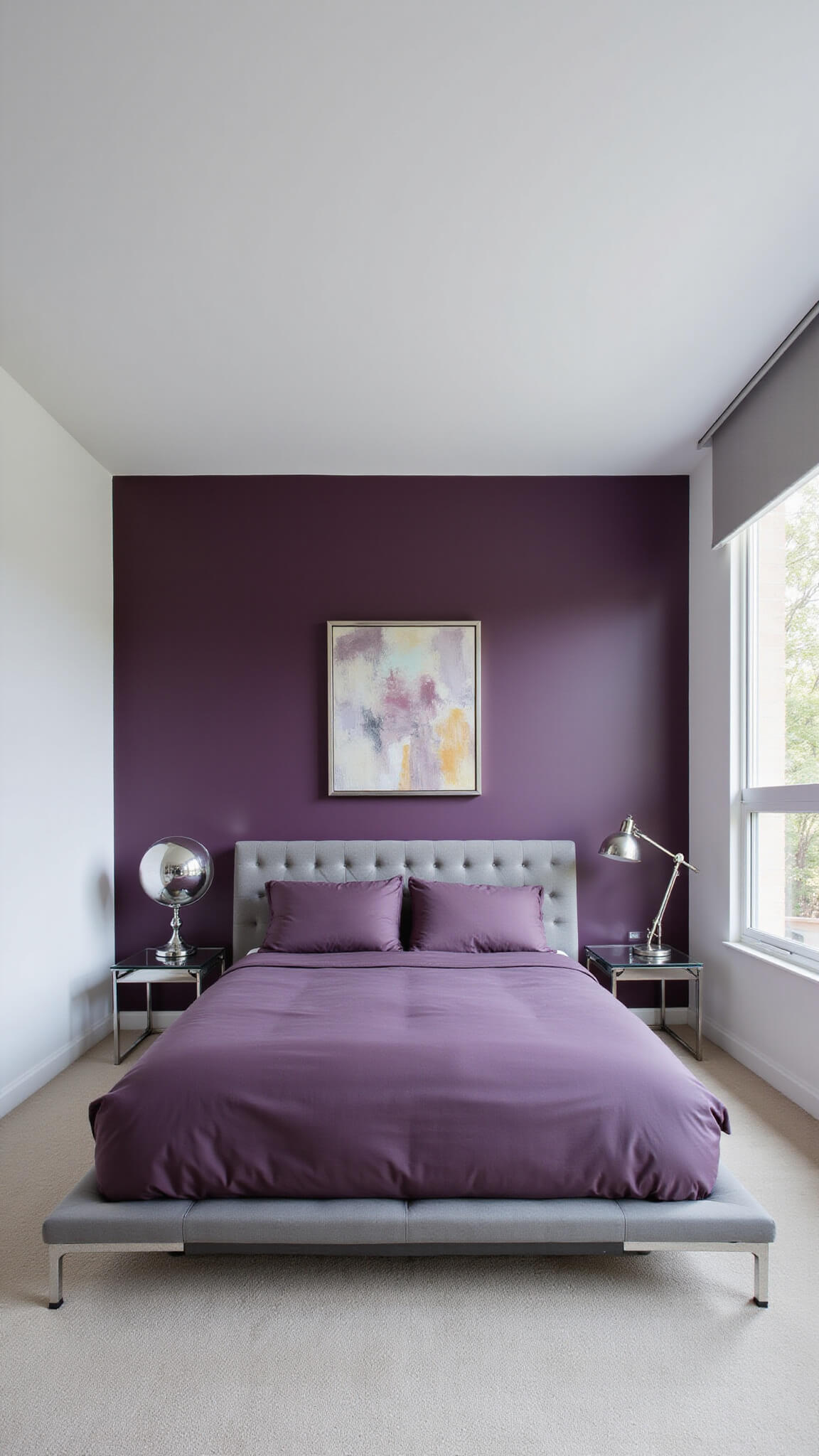 Contemporary minimalist purple bedroom with plum accent wall, geometric gray velvet bed, chrome and glass side tables, abstract art, and high ceilings.