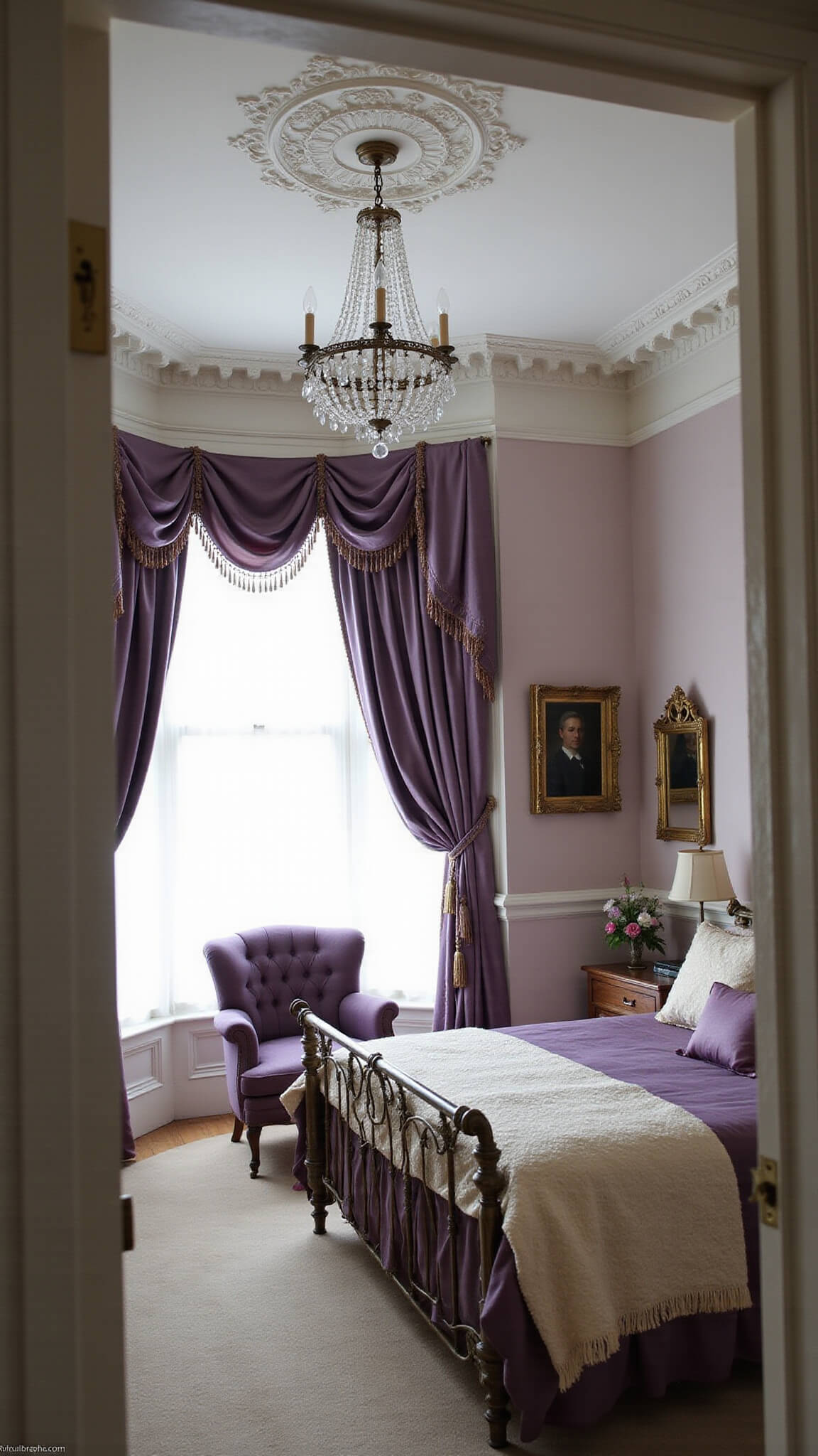 Victorian-style purple boudoir with antique brass bed, lavender chaise lounge, crystal chandelier, and vintage décor in velvet and silk.