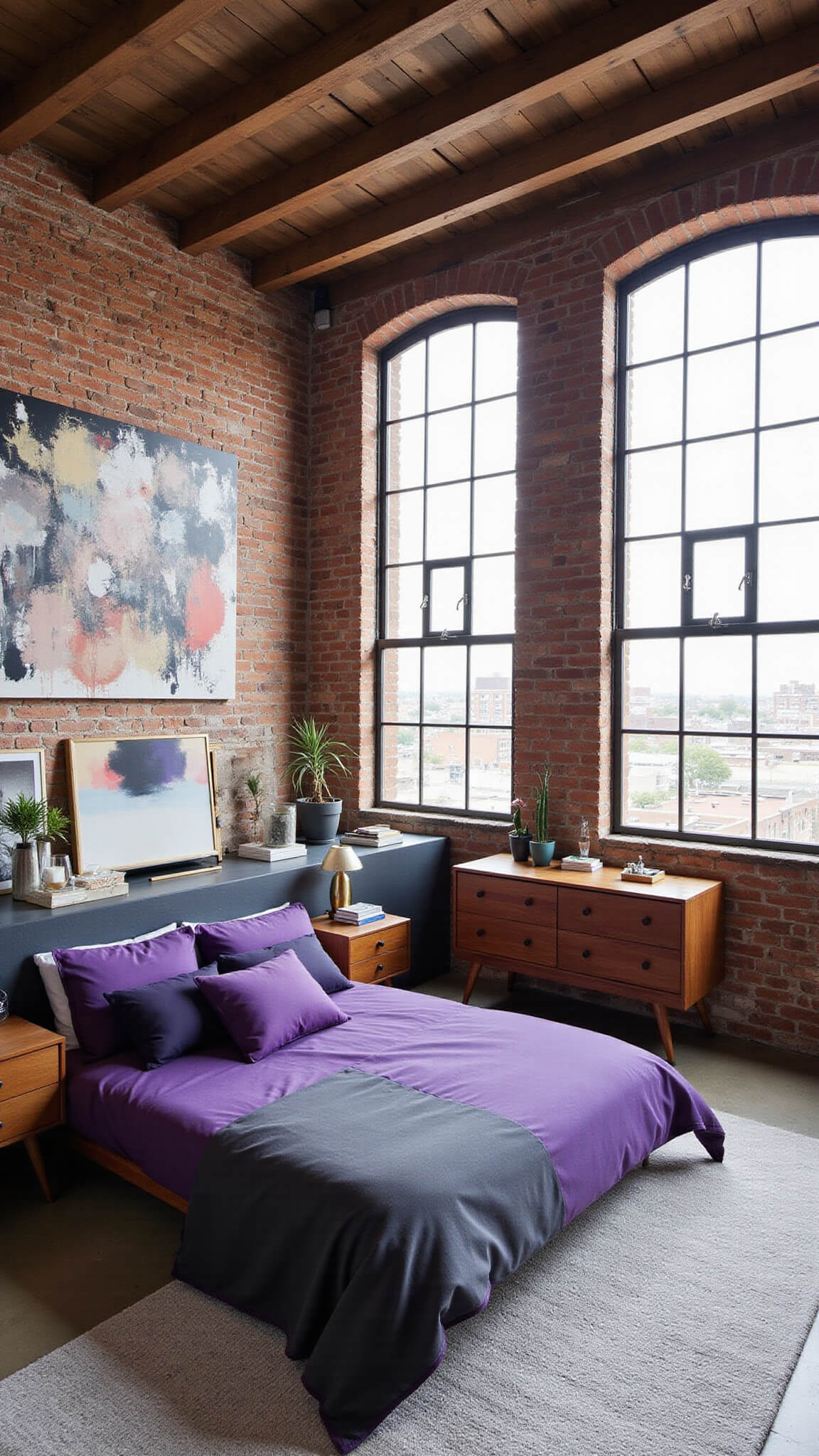 Urban loft bedroom with exposed brick walls, California king bed in purple and charcoal bedding, mid-century modern walnut and brass furniture, large factory windows, and geometric decor elements.
