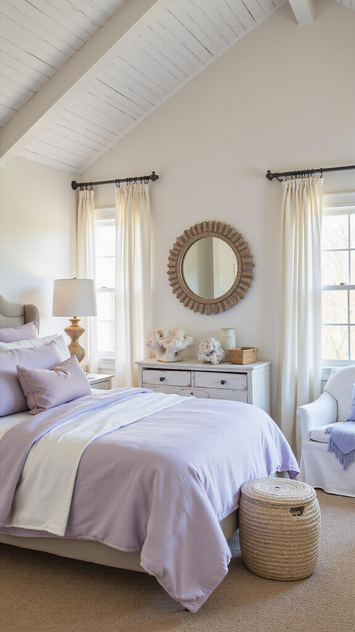 Airy coastal bedroom with lavender upholstered bed, whitewashed wood planks, distressed white furniture, and golden hour light.