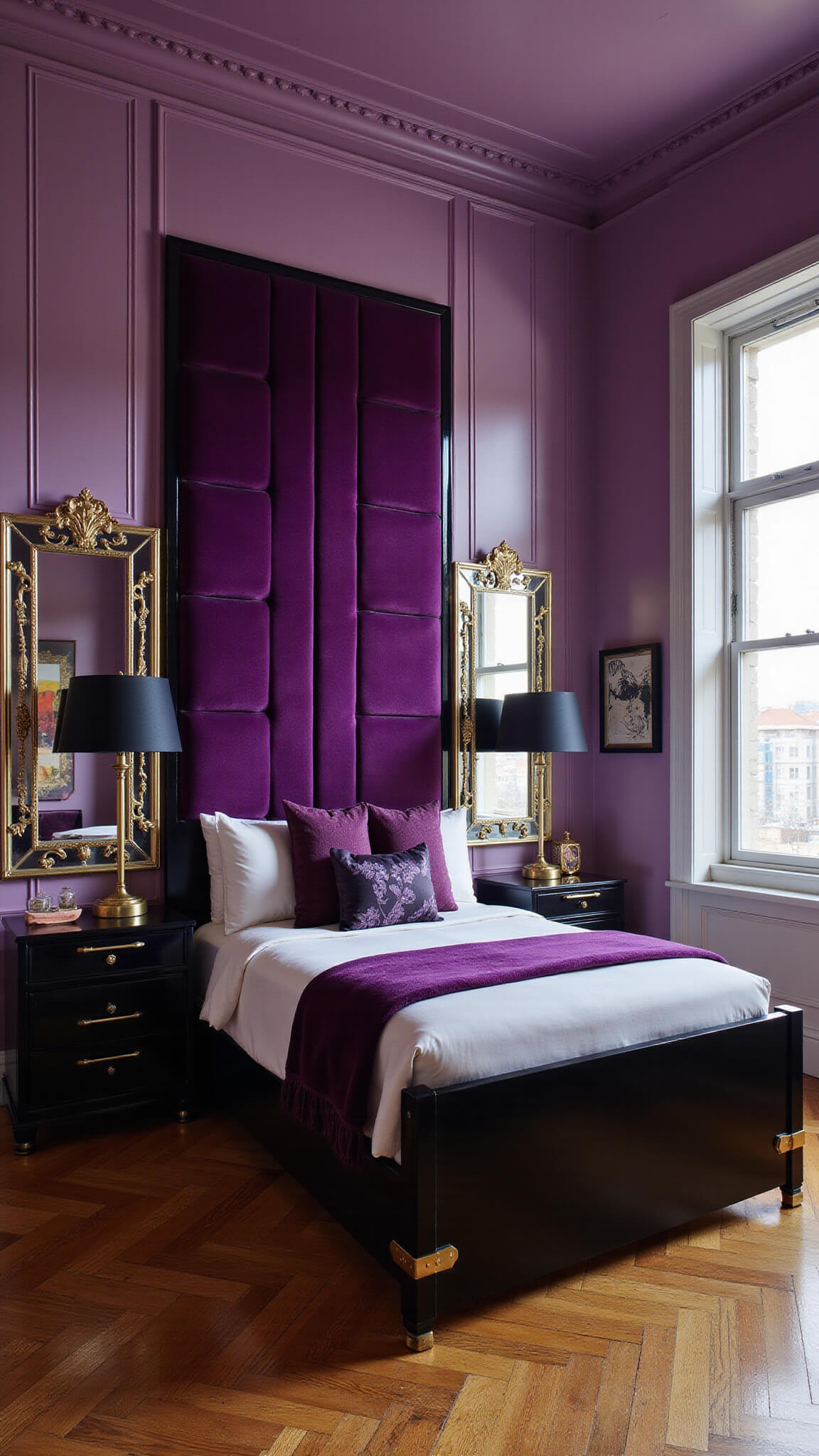 Art Deco purple bedroom with tall aubergine velvet headboard, black lacquered furniture, brass accents, herringbone floors, and geometric decor.