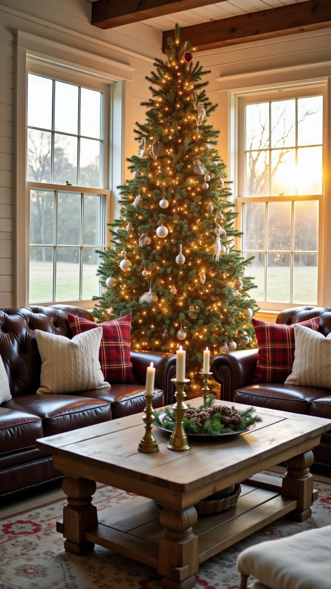 Rustic farmhouse living room at golden hour with a decorated 9ft Christmas tree, leather Chesterfield sofa, reclaimed wood coffee table, and sunlight streaming through west-facing windows.