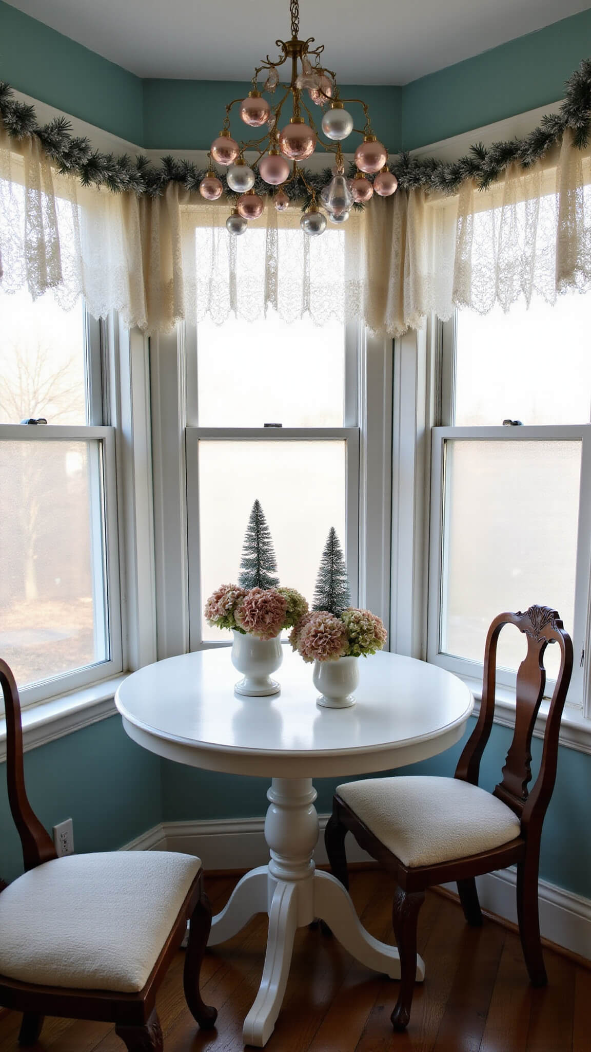 Vintage breakfast nook at dawn with bay windows, lace curtains, pedestal table, milk glass vases, dried hydrangeas, silver tinsel trees, and antique chair in robin's egg blue corner.