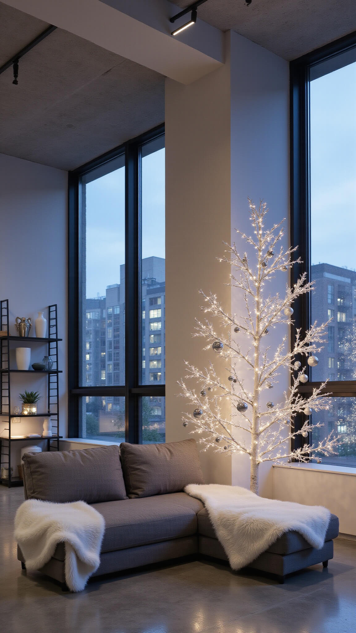 Modern minimalist open-concept living room with tall ceilings, featuring a monochromatic white tree with metallic ornaments, charcoal sectional, concrete floors, and urban city views through floor-to-ceiling windows.