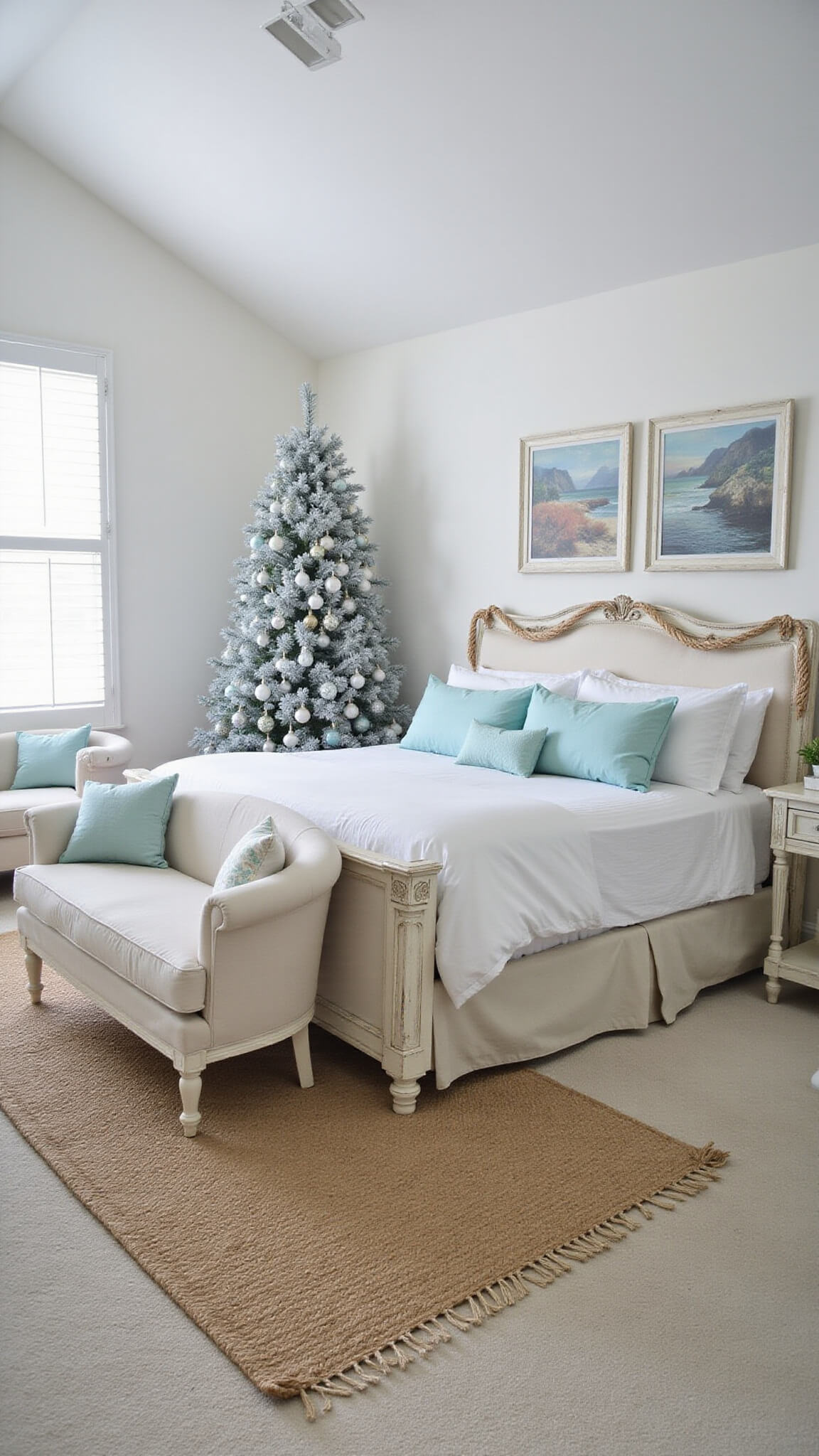 Coastal Christmas master bedroom with king bed, seafoam accents, flocked tree with aqua and silver ornaments, white distressed furniture, and soft natural light.