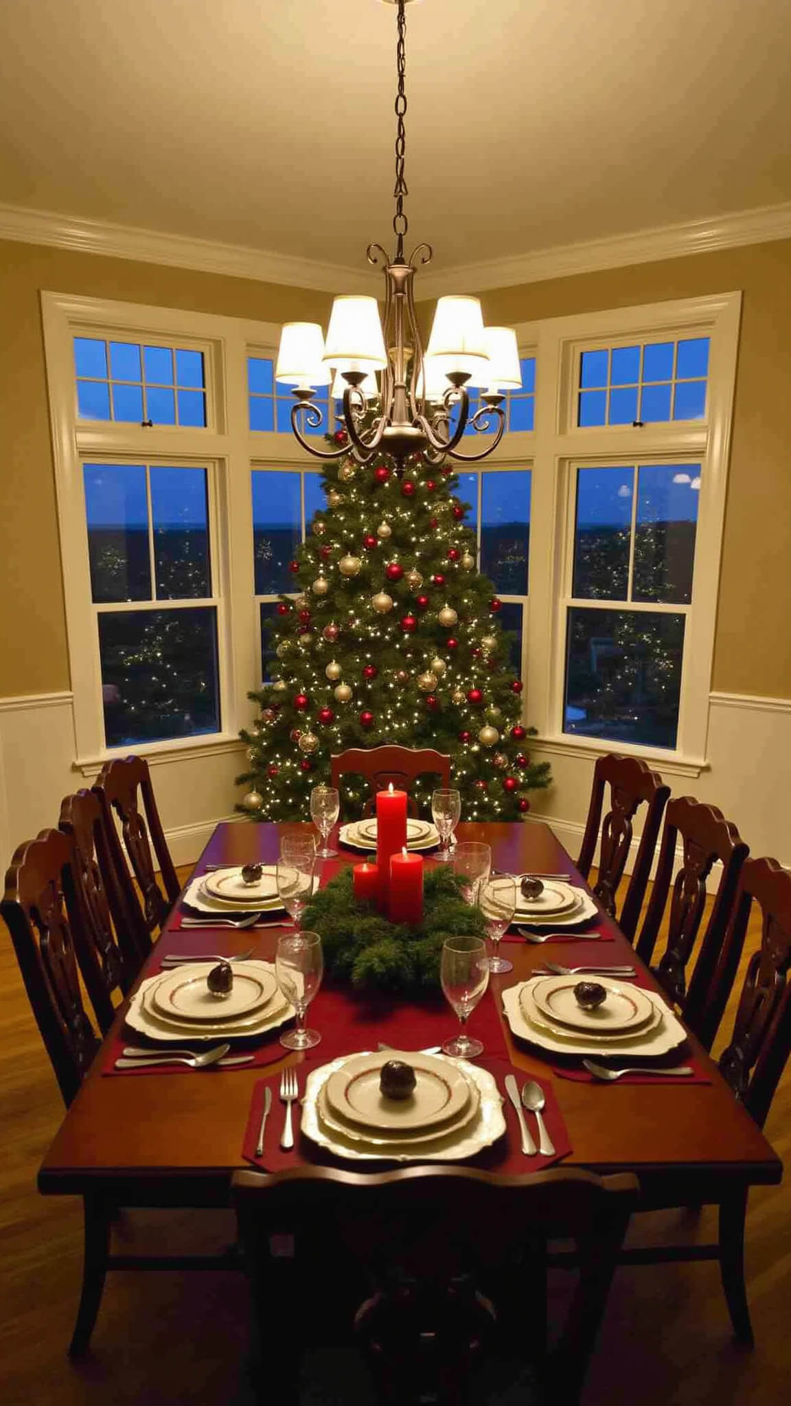 Formal dining room with dim chandelier, noble fir Christmas tree in bay window, mahogany table set for six with fine china and burgundy decor, warm festive lighting.