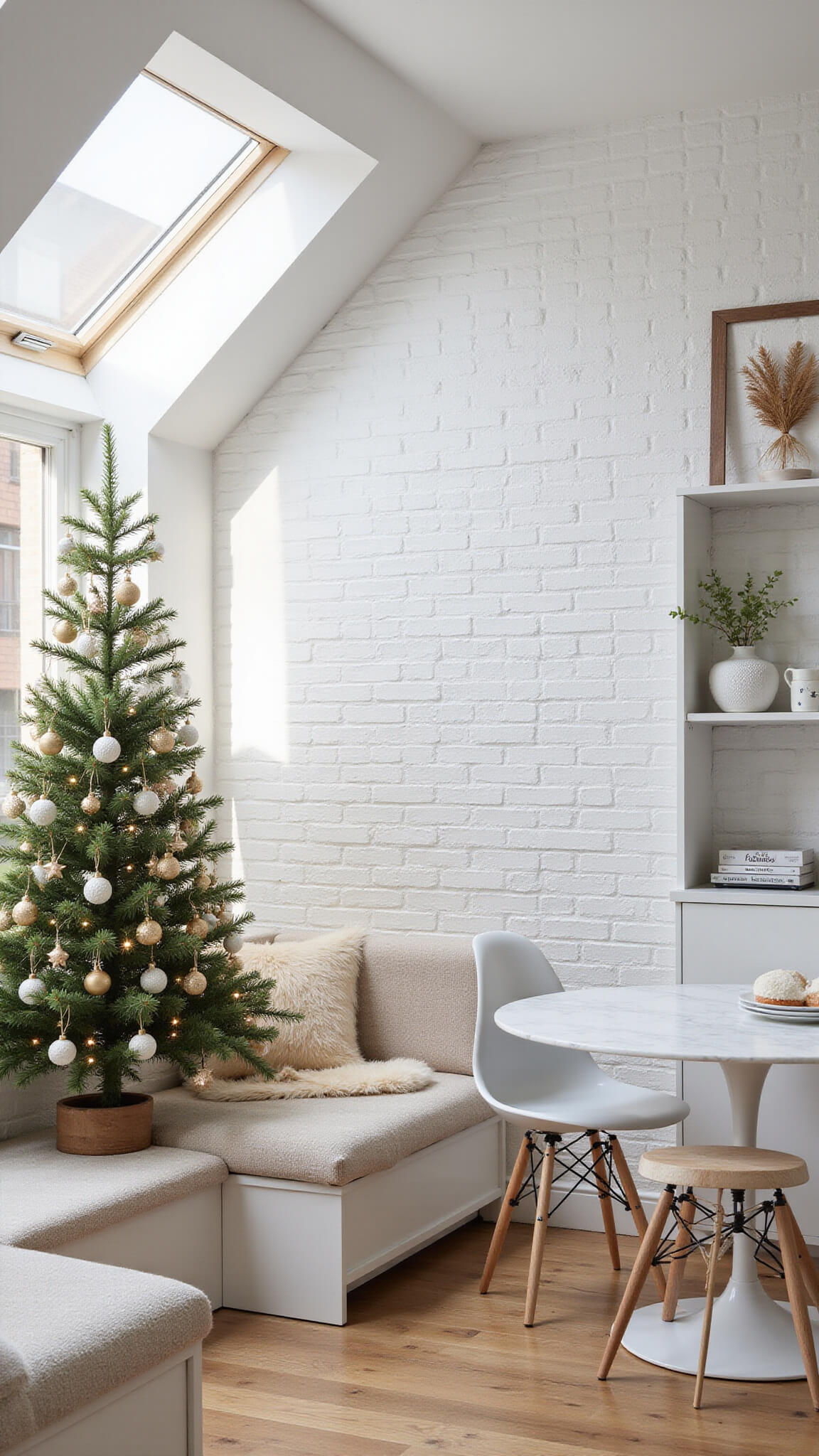 Scandinavian kitchen nook with white brick wall, skylight morning light, decorated pencil tree, round marble table with ghost chairs and sheepskin throws, minimal natural holiday decor on floating shelves.