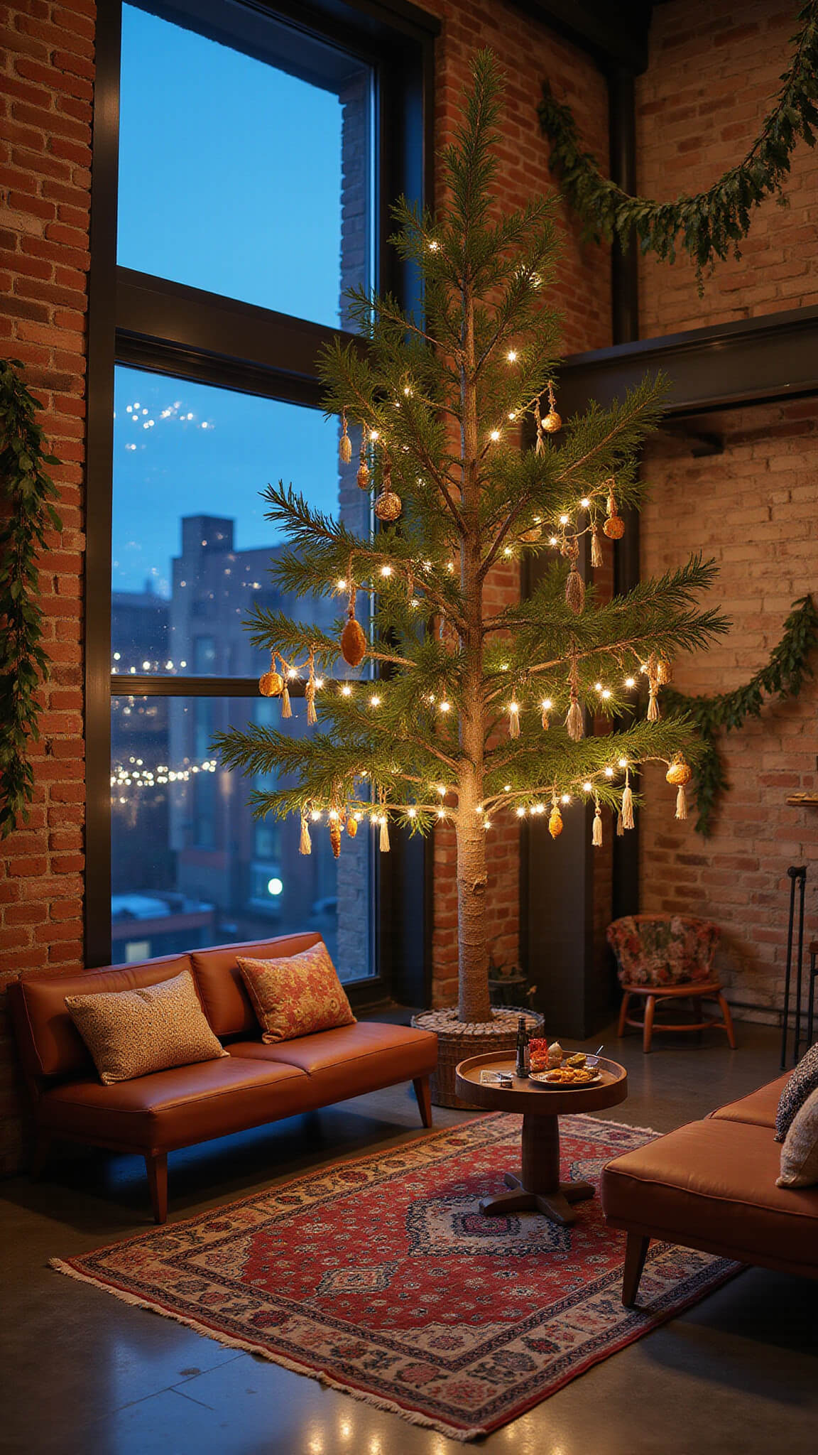 Boho-eclectic studio loft with industrial windows at blue hour, featuring string lights, decorated artificial tree, low seating on vintage Moroccan rug, and exposed brick walls with eucalyptus garlands, viewed from mezzanine.
