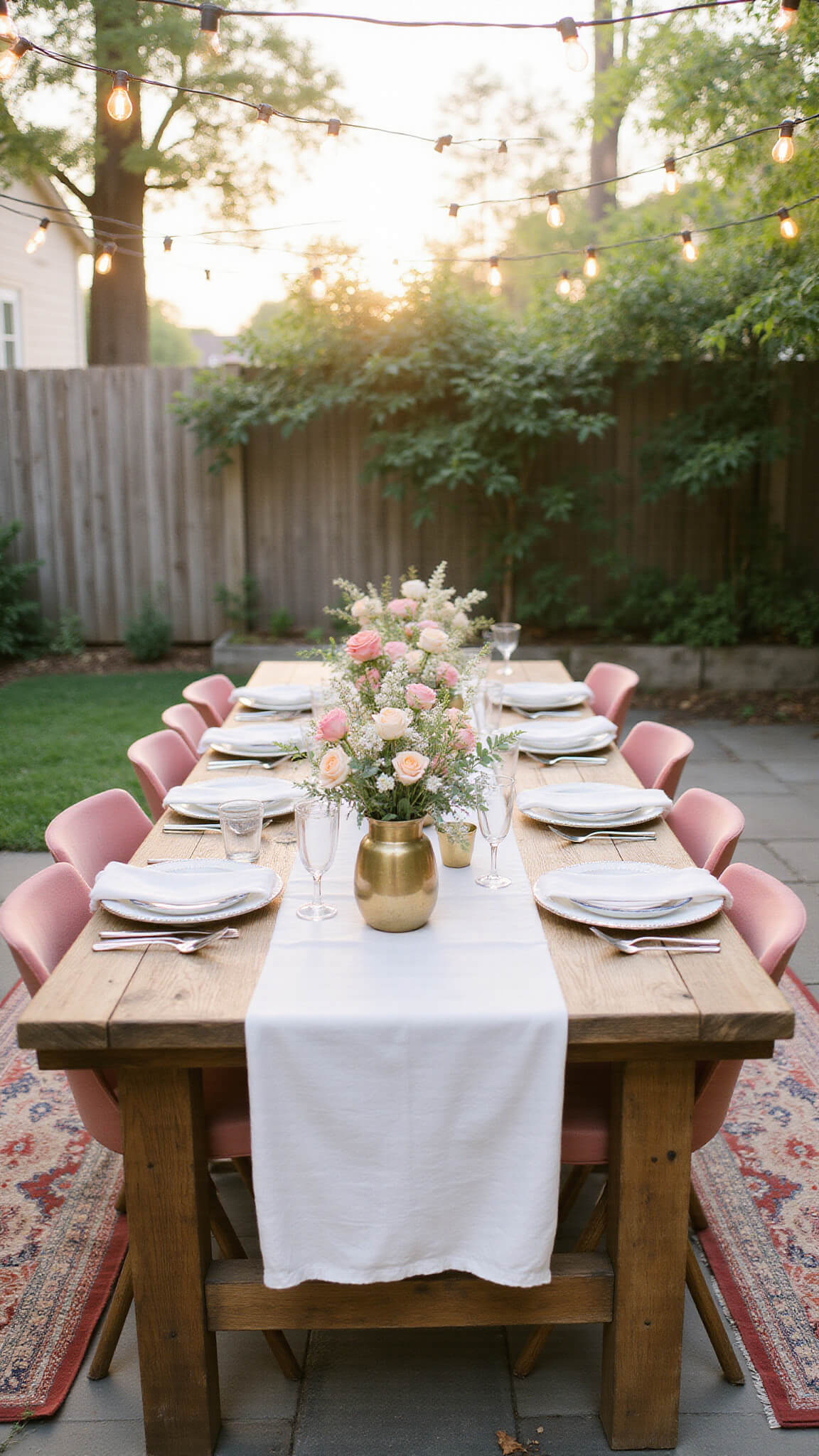 Dreamy backyard garden reception with a wooden harvest table, blush velvet chairs, brass bud vases of roses, and Edison bulb canopy at golden hour.