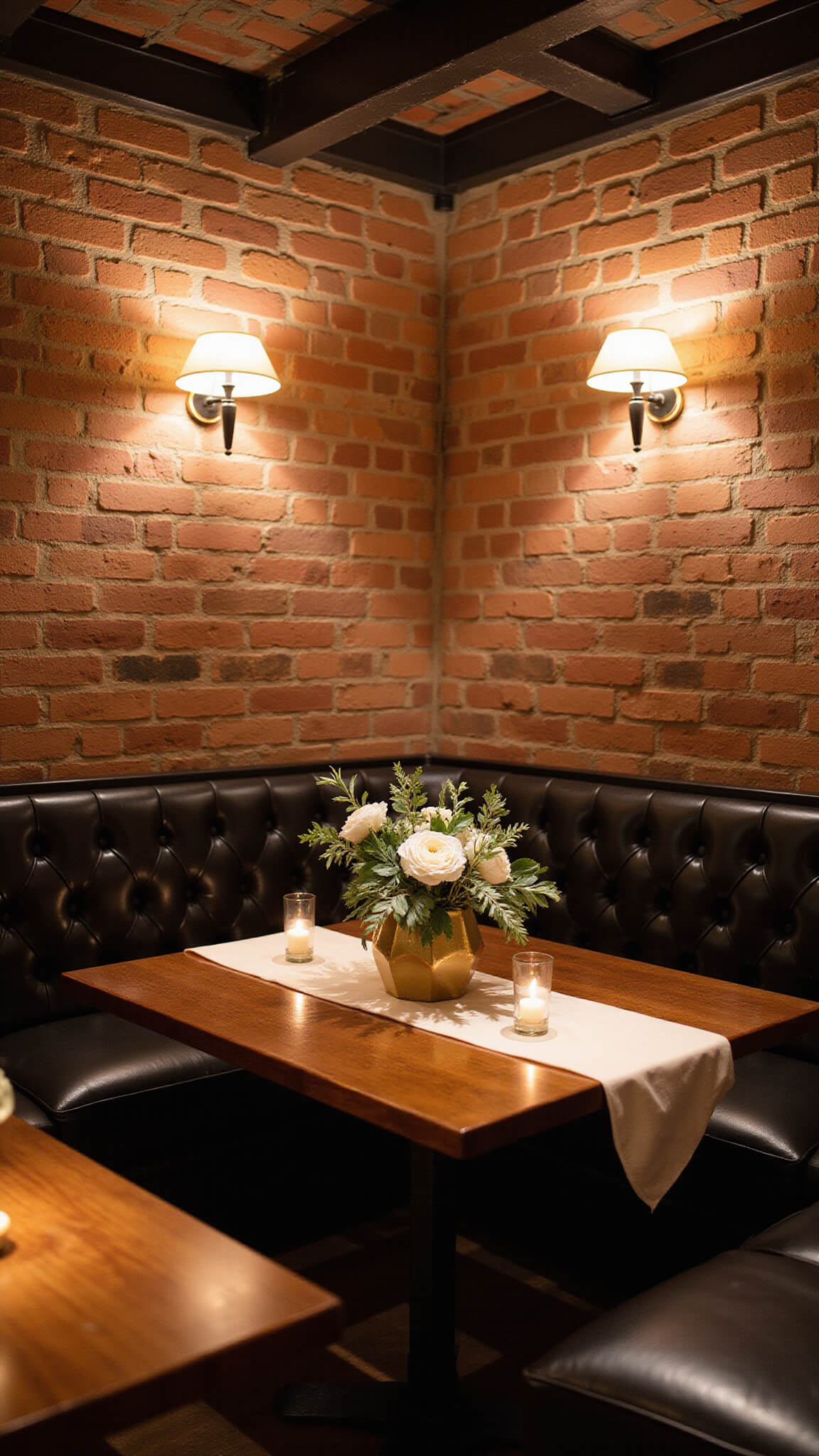 Cozy historic restaurant booth with tufted leather seating, silk-draped table, gold floral centerpieces, and warm moody lighting against brick walls and exposed beams.