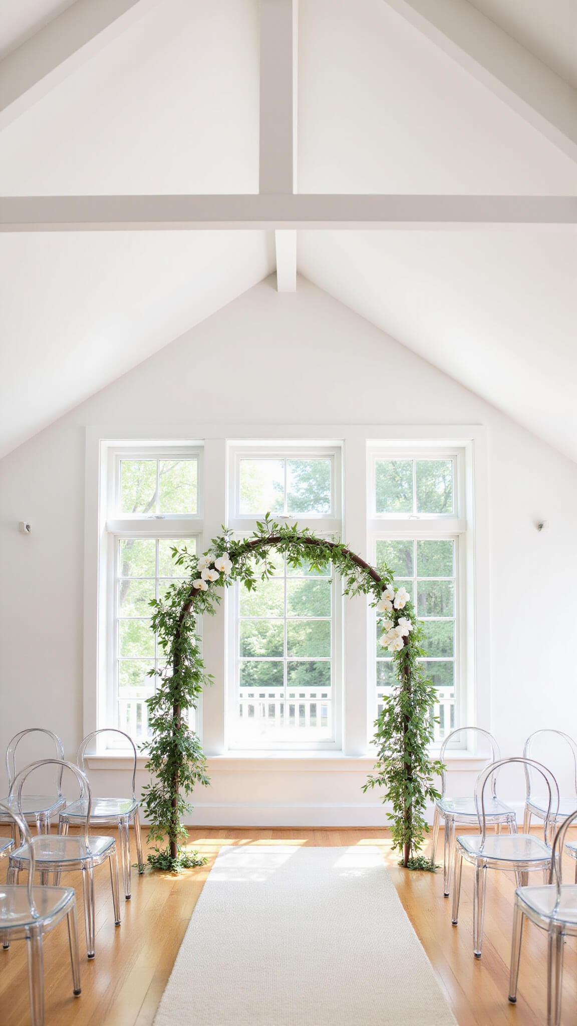 Modern farmhouse living room set for ceremony with ghost chairs in semi-circle, minimalist floral arch, vaulted white ceiling, floor-to-ceiling windows, and light streaming onto oak floors.