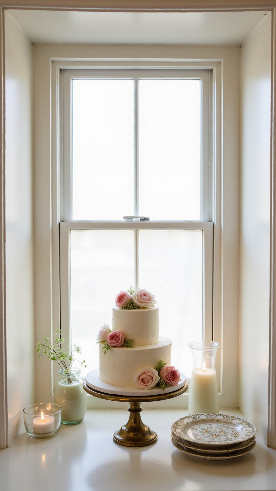 Vintage-style dessert nook with three-tier rose-decorated cake on antique brass stand, surrounded by milk glass candle holders and sheer curtains in soft pastel lighting.