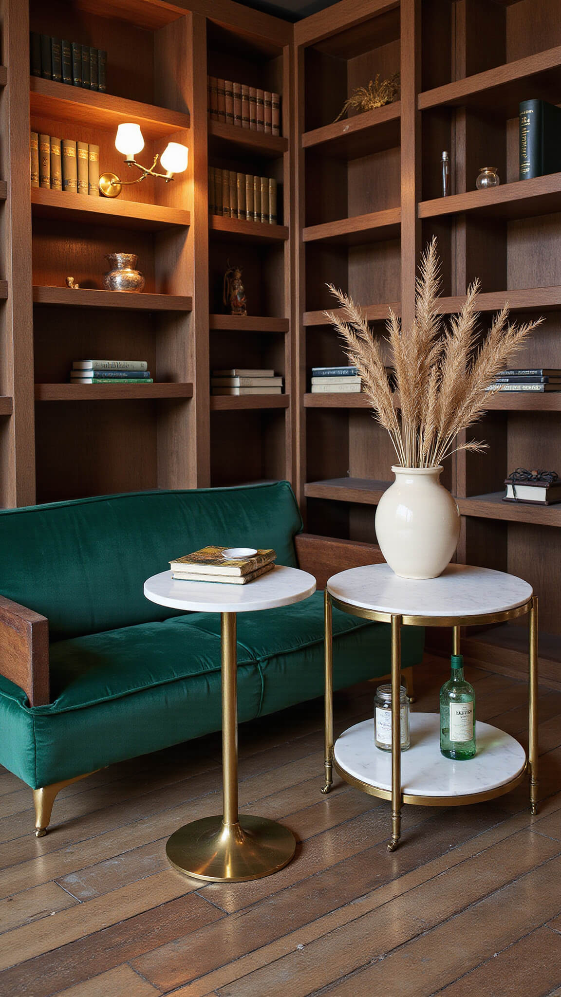 Intimate library lounge with emerald velvet settee, brass drinks cart, vintage marble tables, dried palm décor, warm sconces, and floor-to-ceiling bookshelves.