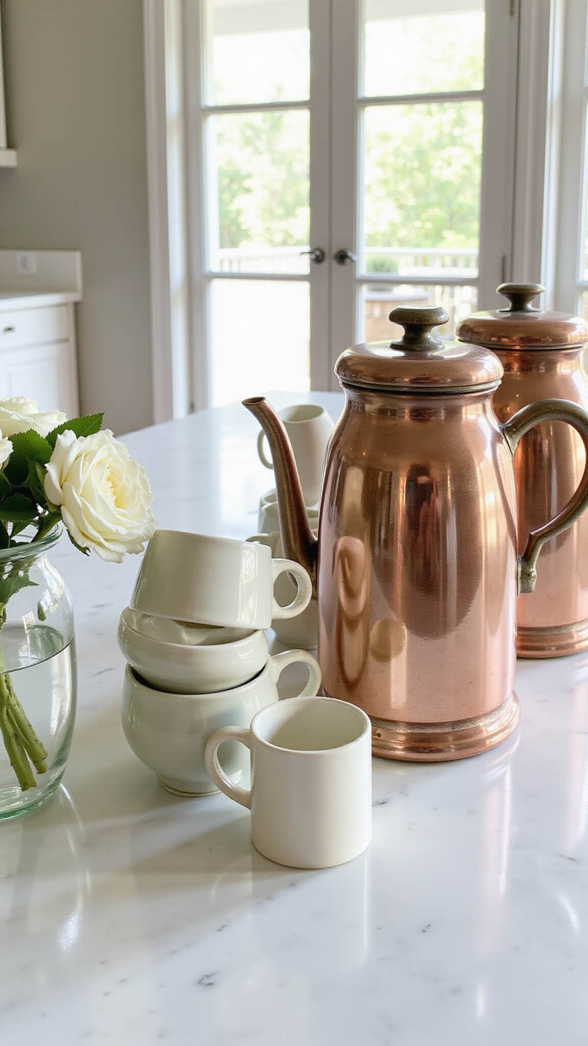 Top-down view of a white marble kitchen island styled as a morning coffee station with copper urns, cream and sage mugs, white garden roses in a glass vase, and soft early light.