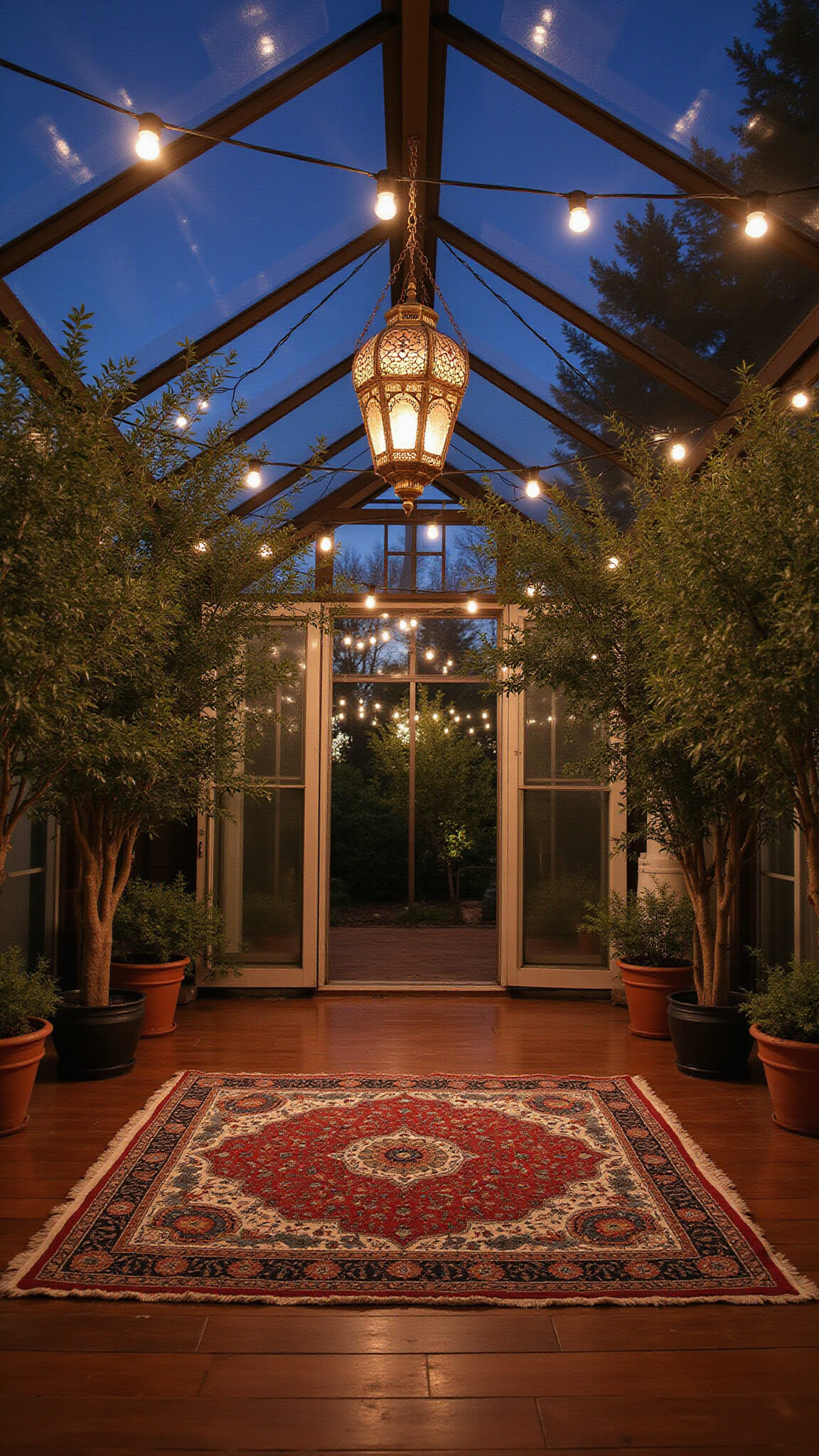 Evening garden dance floor in glass-ceiling greenhouse with Moroccan lanterns, olive trees, and Persian rug under starry night sky.