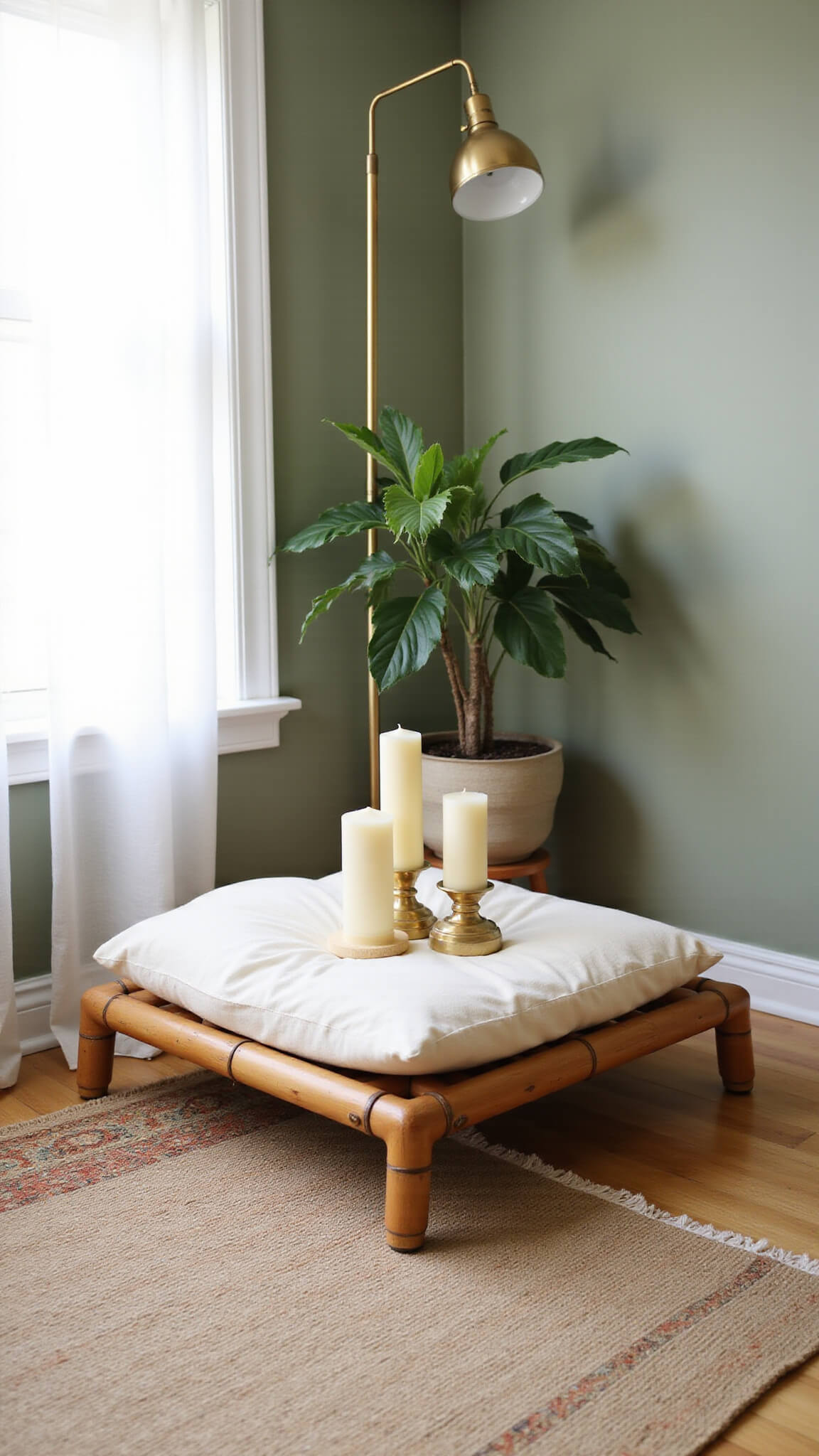 Serene corner meditation space with bamboo platform, ivory cushion, soft morning light, and calming natural decor.