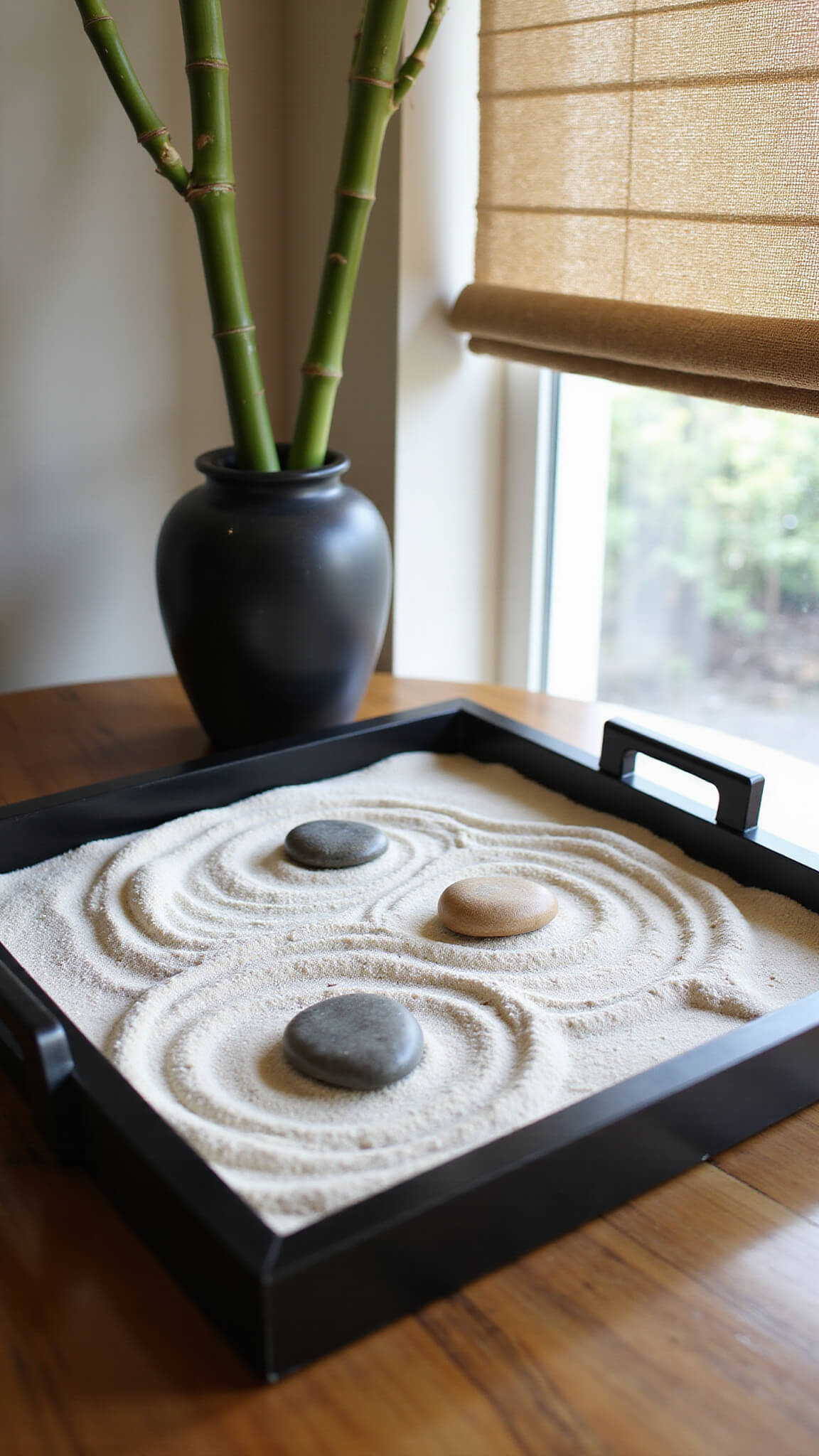 Minimalist Zen garden with raked white sand, three river stones, and a bamboo stalk in a black vase on a black tray, lit by soft afternoon light.