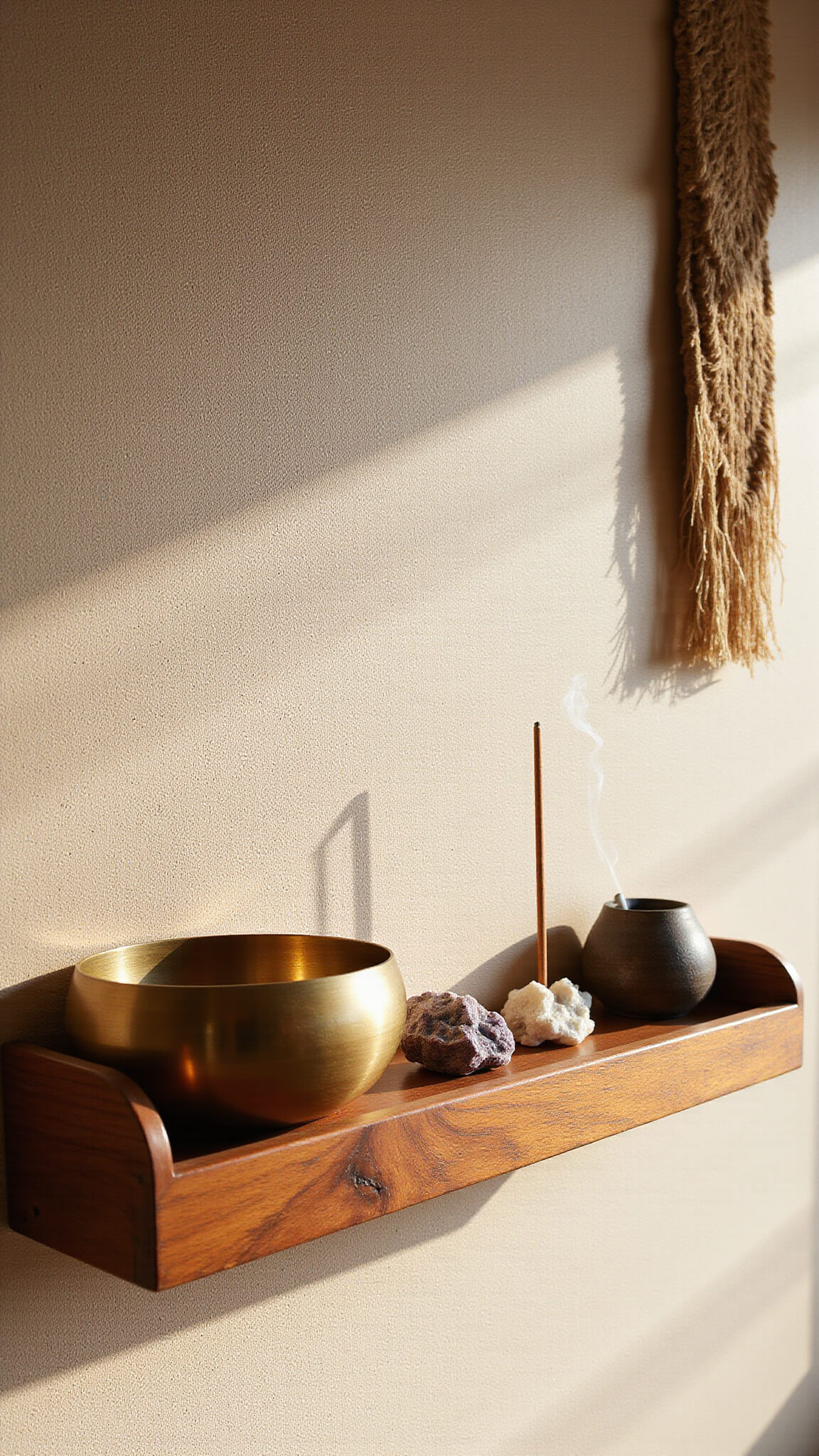 Wooden meditation altar shelf with brass singing bowl, crystal clusters, and ceramic incense holder against oatmeal grasscloth wall and fiber wall hanging.