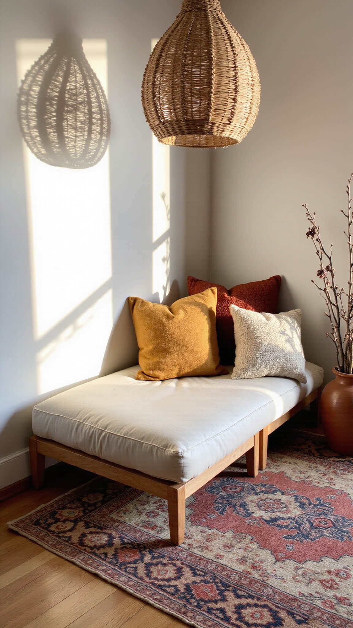 Cozy evening nook with floor cushion, handwoven pillows, Moroccan rug, rattan pendant light, and eucalyptus in vase.