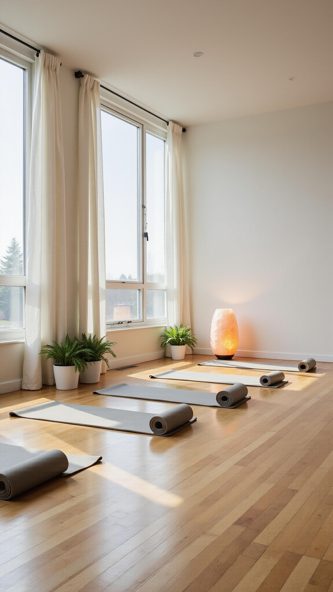Sunlit yoga studio with maple floors, floor-to-ceiling windows, white curtains, four rolled yoga mats, potted ferns in corners, and a glowing Himalayan salt lamp.
