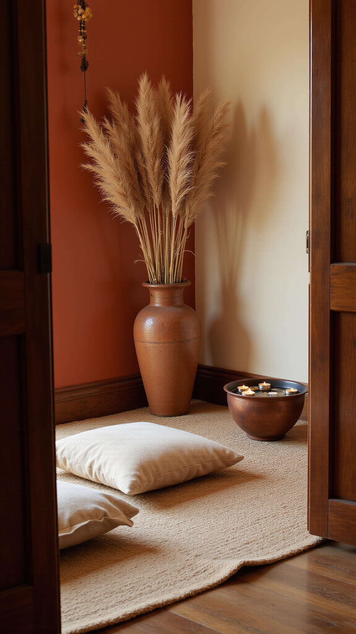 Autumn-themed meditation room with rust accent wall, floor cushions with faux fur, pampas grass in vase, prayer beads, and copper bowl with floating candles.