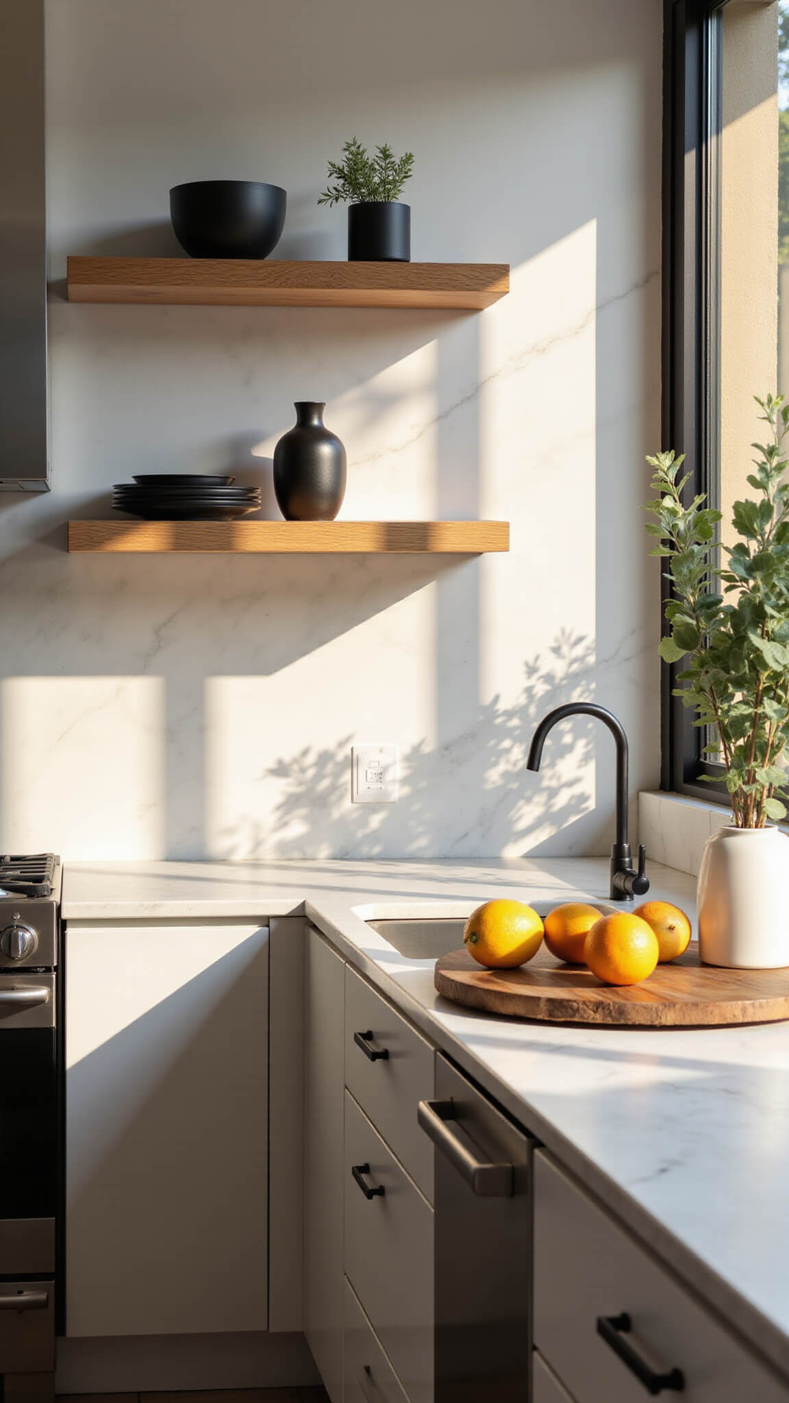 Modern minimalist kitchen at golden hour with white marble backsplash, matte black range, floating oak shelves, and natural light streaming through tall windows.