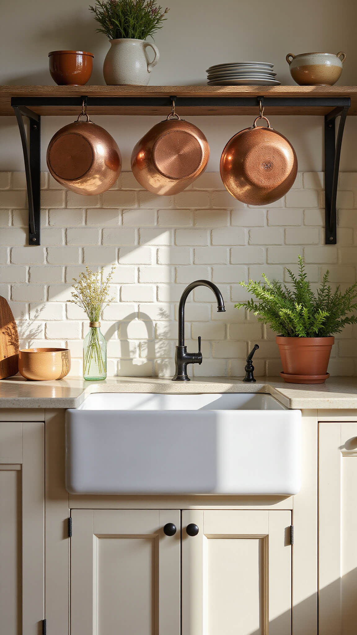 Rustic 10x12ft farmhouse kitchen with textured cream ceramic subway tiles, reclaimed wood shelves, copper pots, and vintage decor in soft morning light.