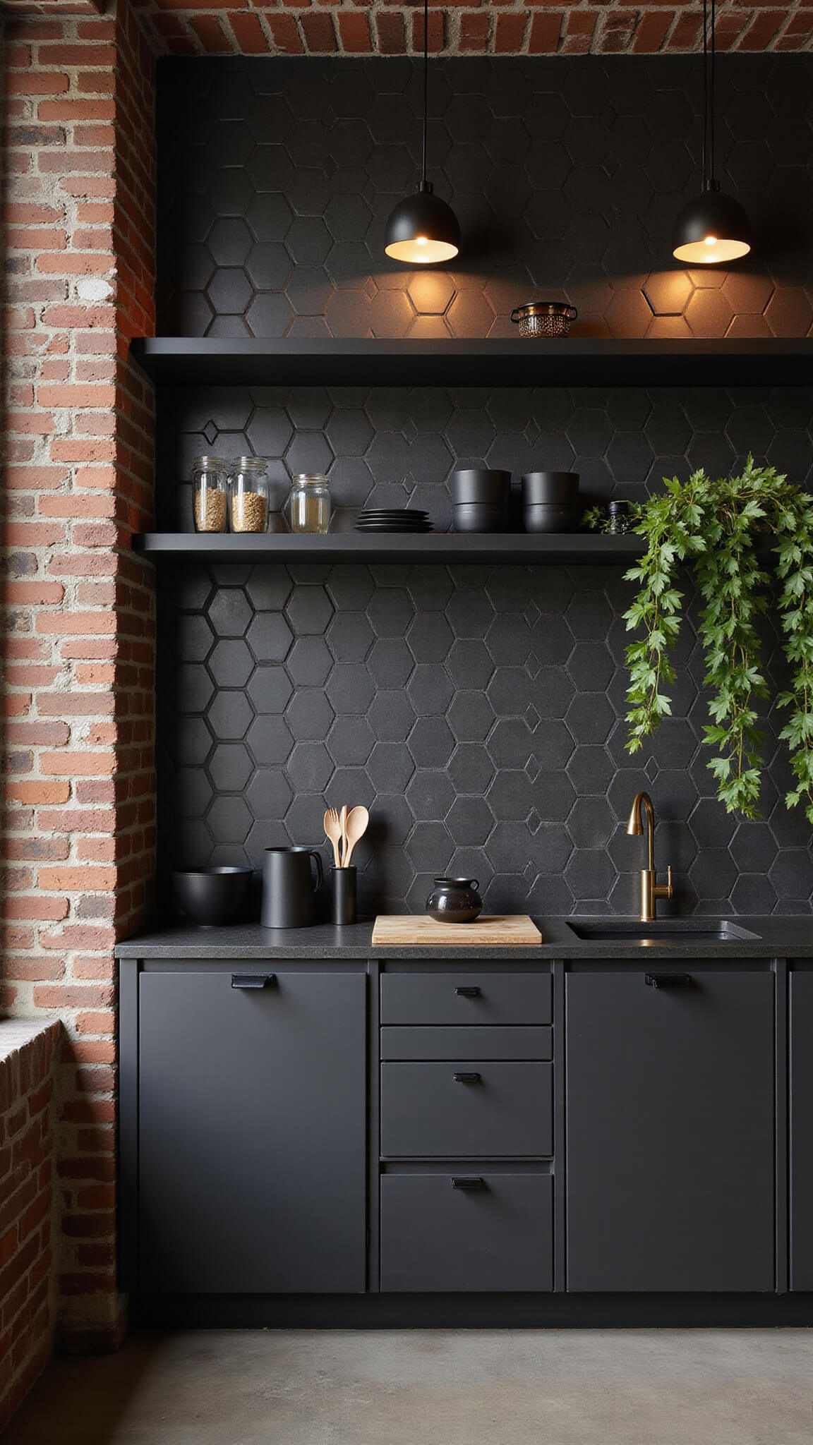 Industrial-chic loft kitchen with geometric charcoal tile backsplash, exposed brick walls, blackened steel shelves, and minimalist decor, softly lit at dusk.