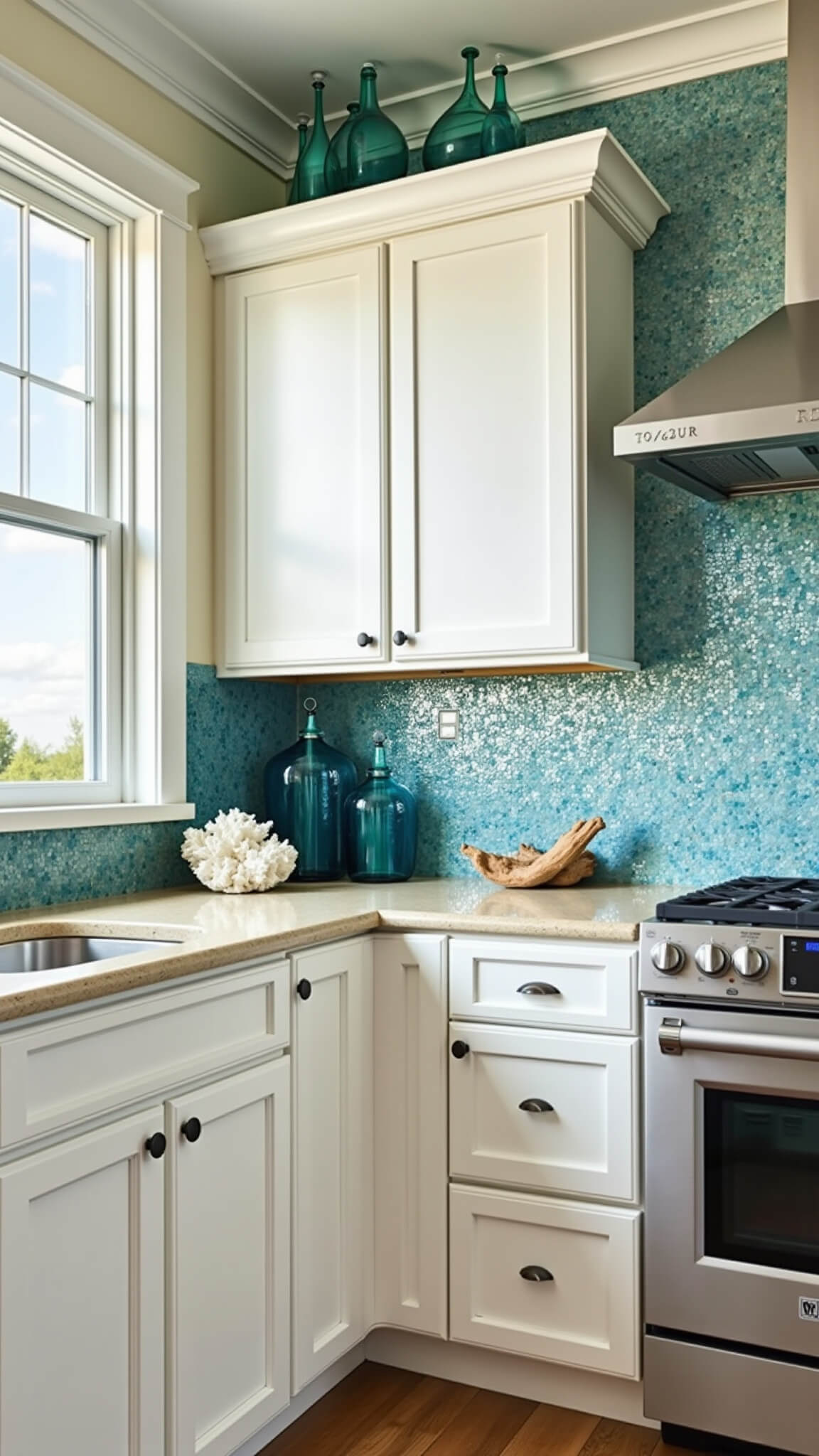 Coastal kitchen with white shaker cabinets, aqua and pearl glass tile backsplash, sandy quartz countertops, and ocean-inspired decor.