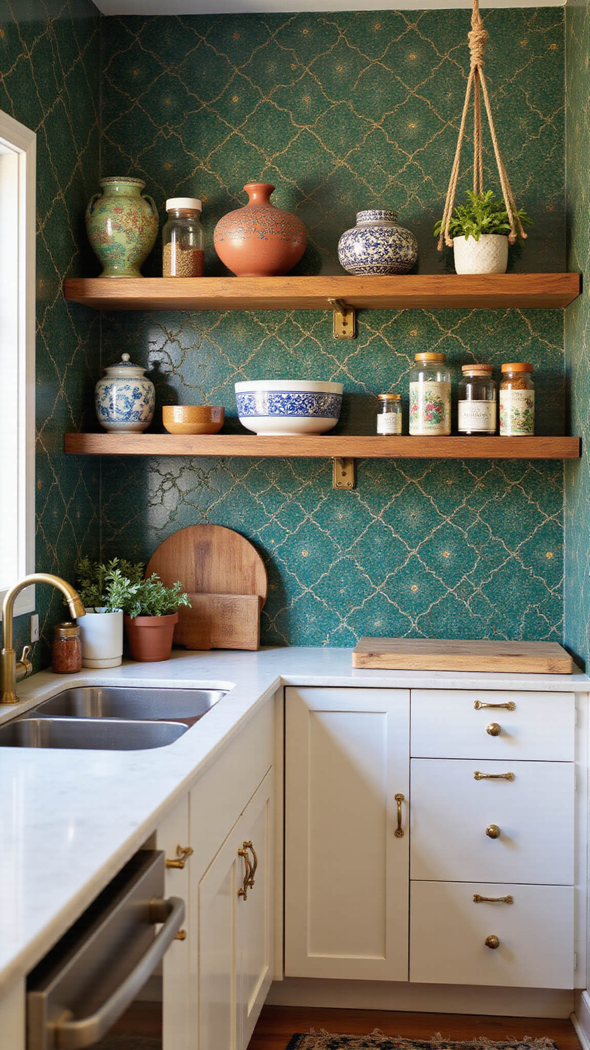 Bohemian 13x15ft kitchen with Moroccan-style jewel-toned tile backsplash, brass hardware, wooden shelves, vintage pottery, and macramé plant hangers in afternoon light.